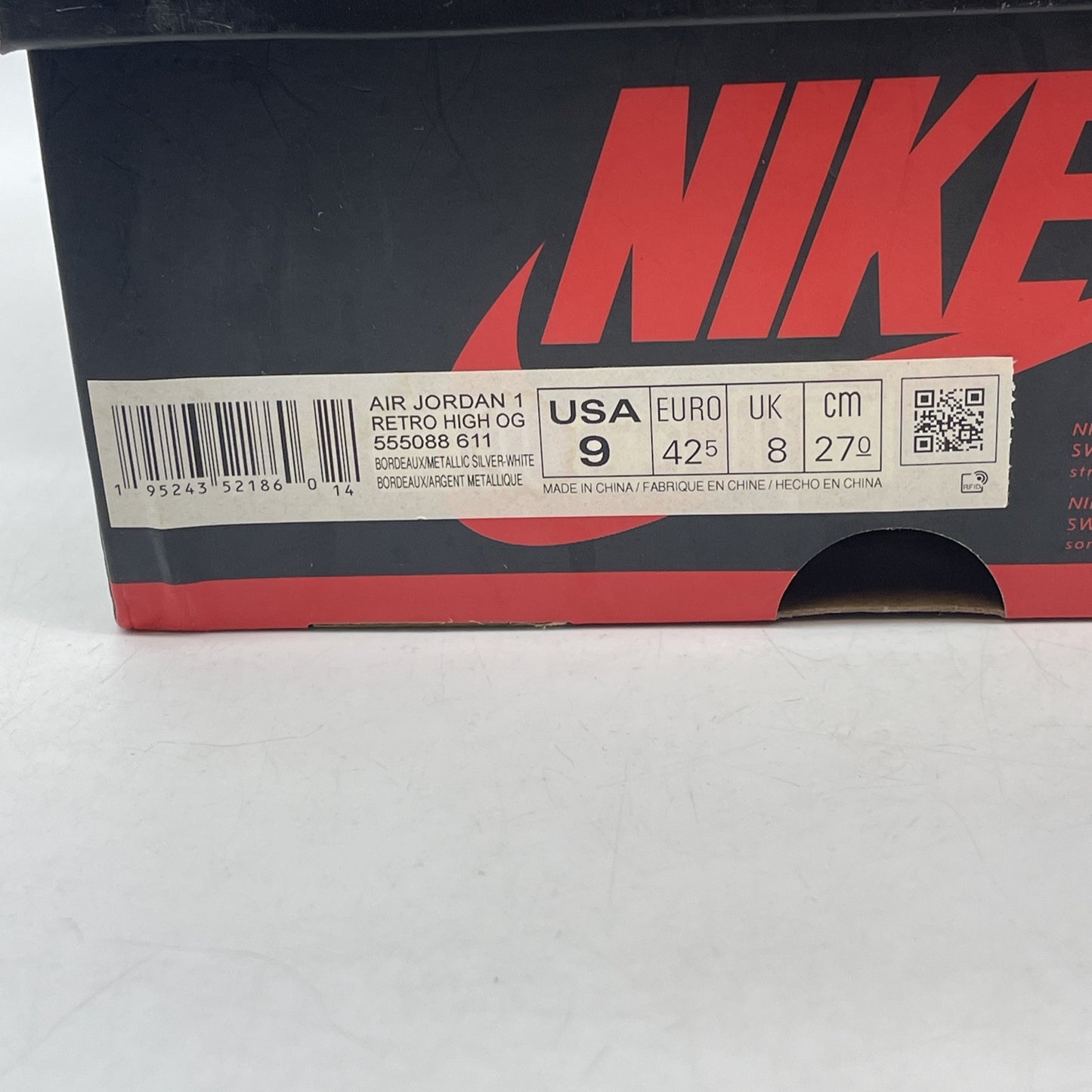 Size 9 - Jordan 1 Retro High OG Bordeaux Purple White Leather (555088-611)