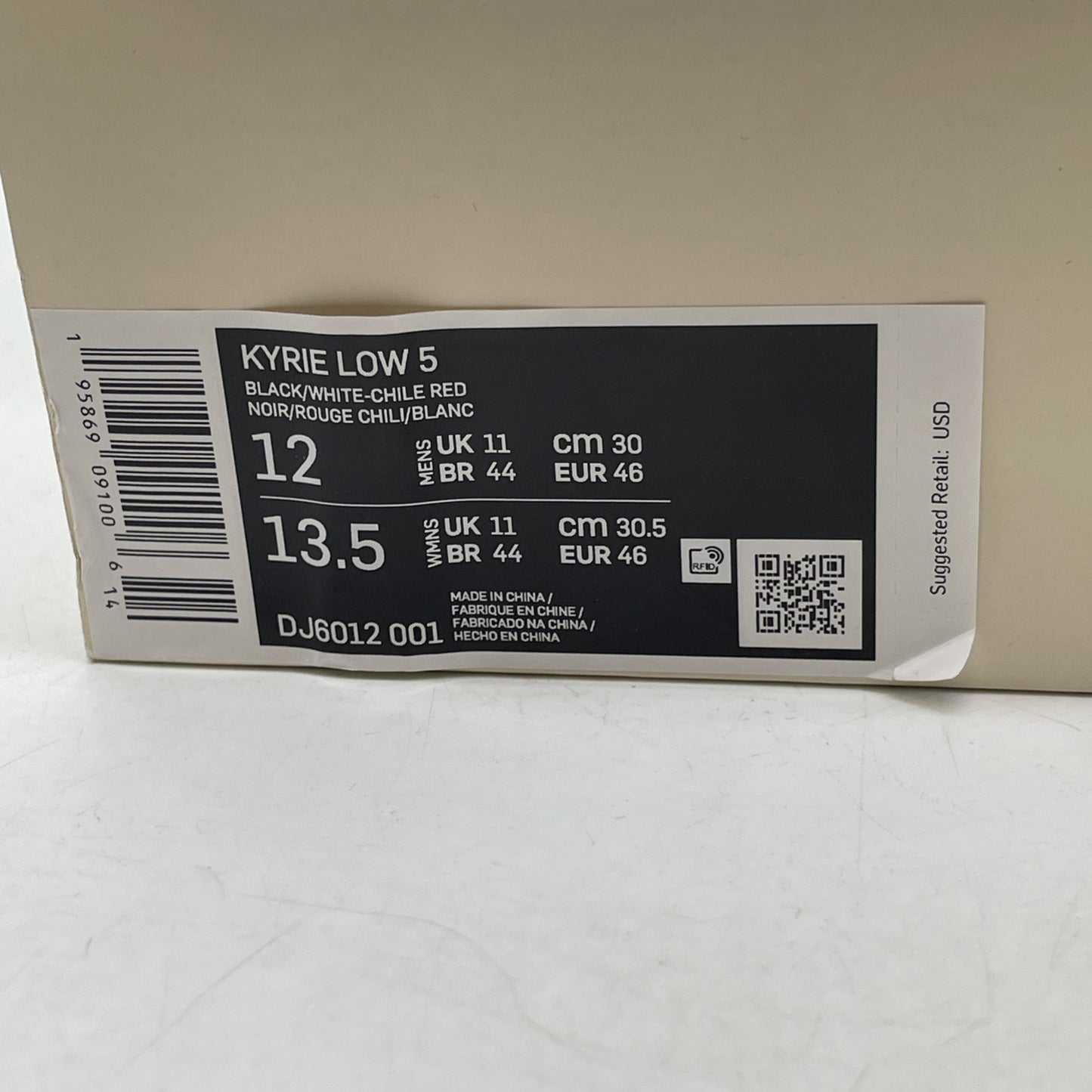 Size 12 - Nike Kyrie 5 Low Bred Black White Red Suede Leather (DJ6012-001)