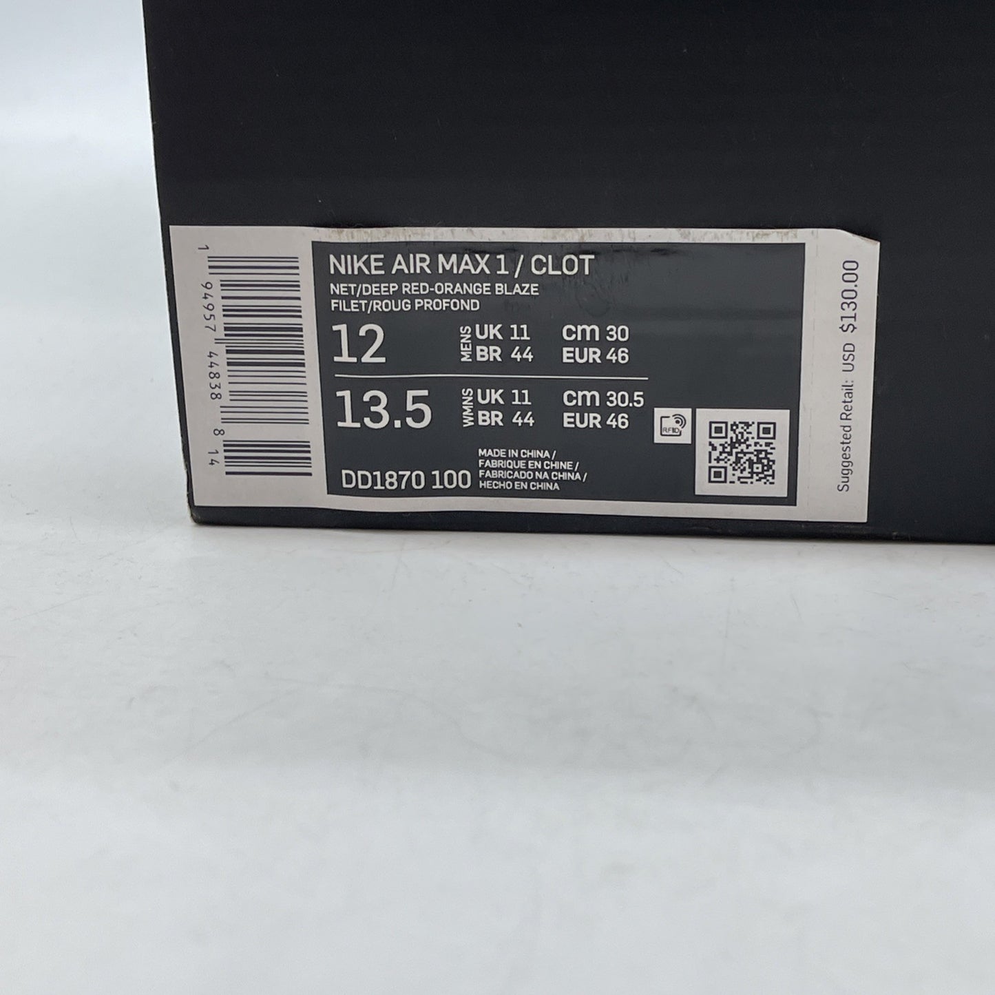 Size 12 - Nike CLOT x Air Max 1 2021 Kiss of Death Suede leather (DD1870-100)