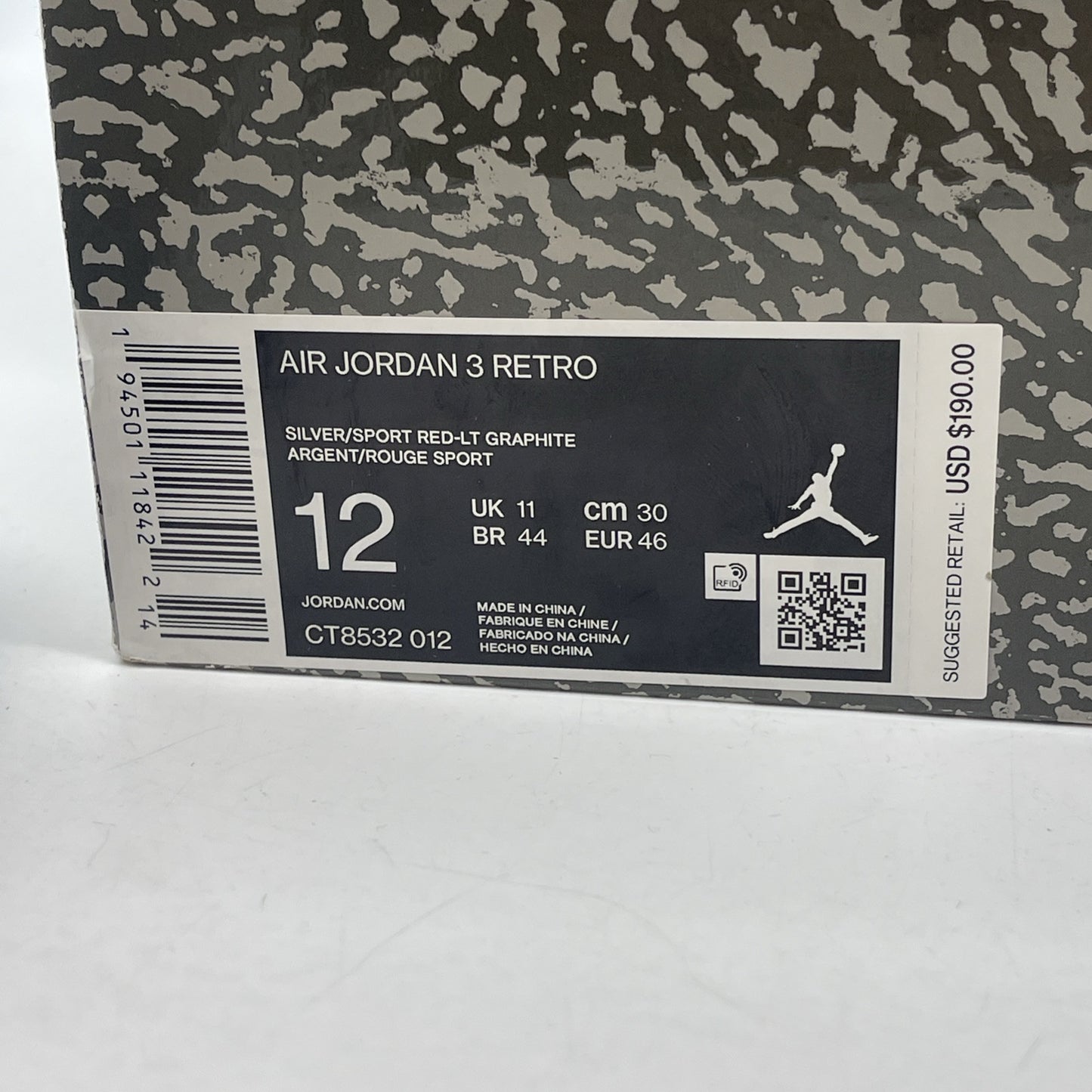 Size 12 - Jordan 3 Retro Mid Cool Grey Red White Suede Leather (CT8532-012)