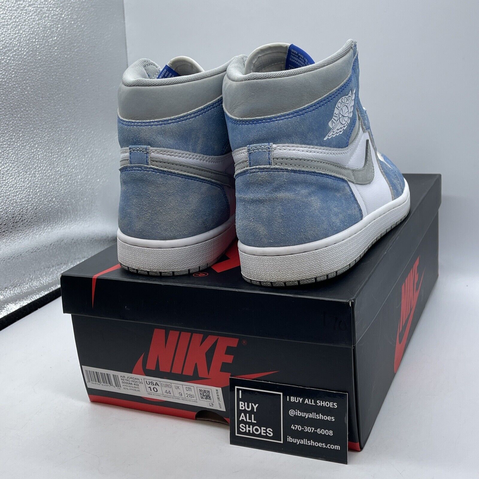 Size 10 - Jordan 1 Retro OG High Hyper Royal Blue Grey Suede Leather (555088-402