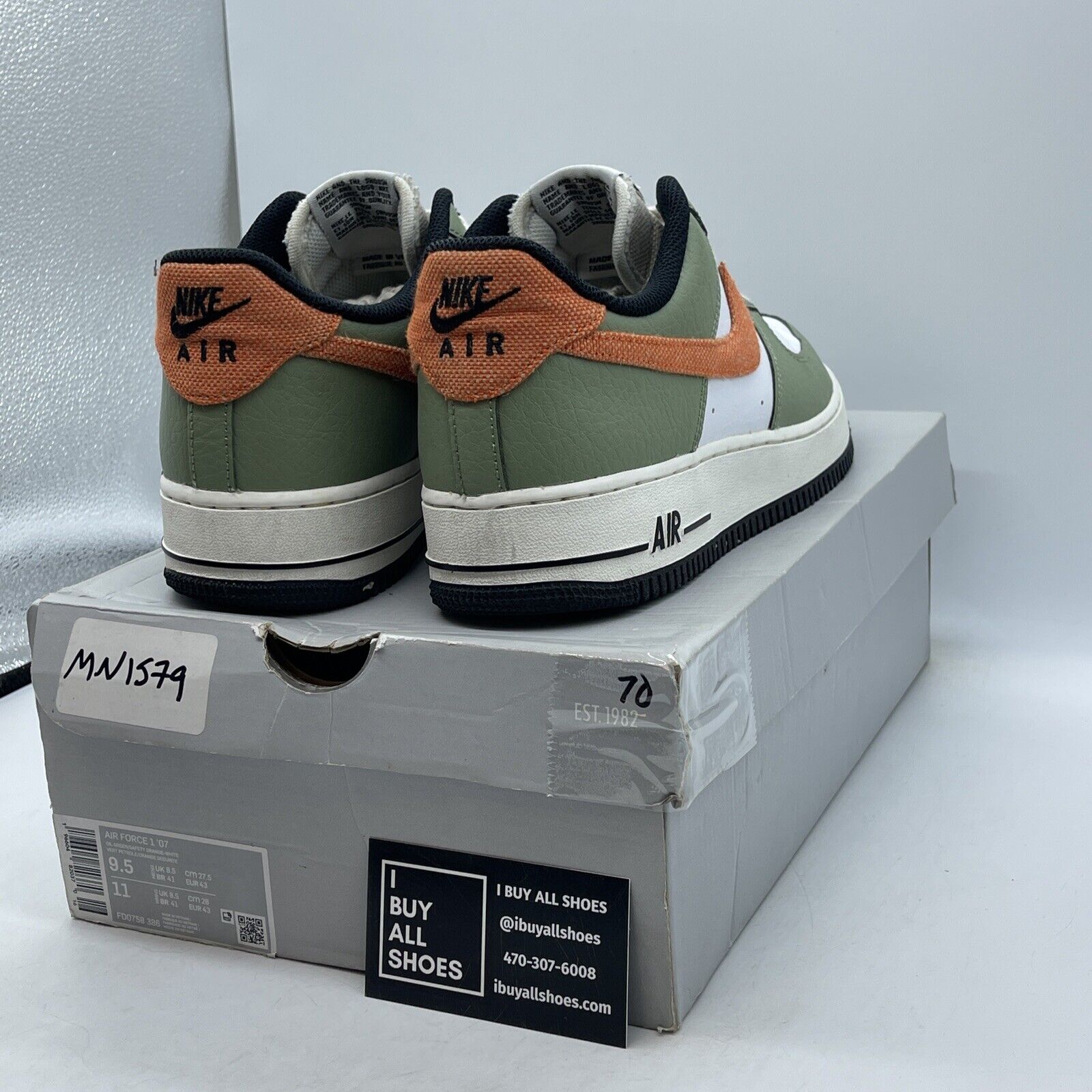Size 9.5 - Nike Air Force 1 '07 Oil Green Orange Suede Leather (FD0758-386)