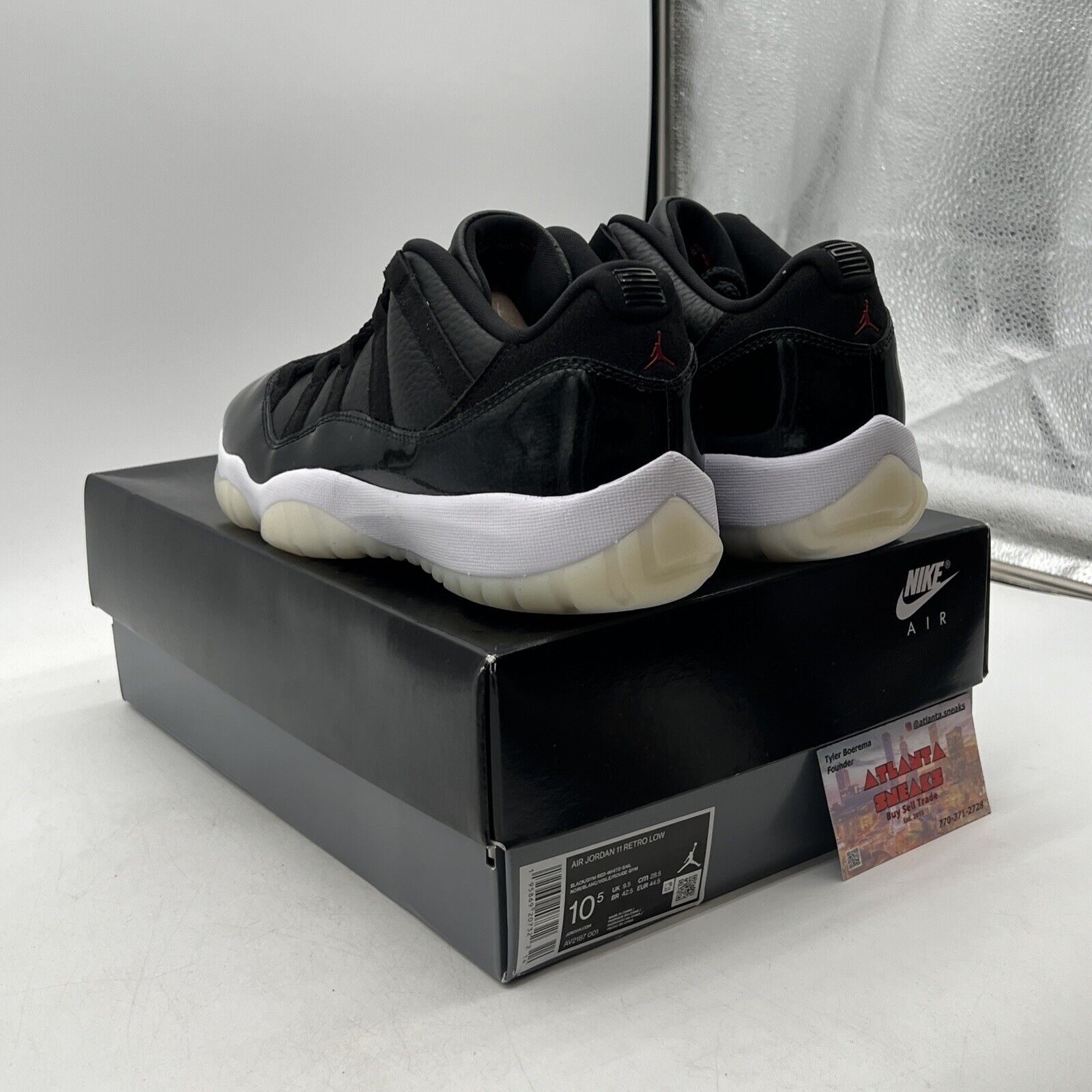 Size 10.5 - Jordan 11 Retro Low 72-10 Black White Red Leather (AV2187-001)