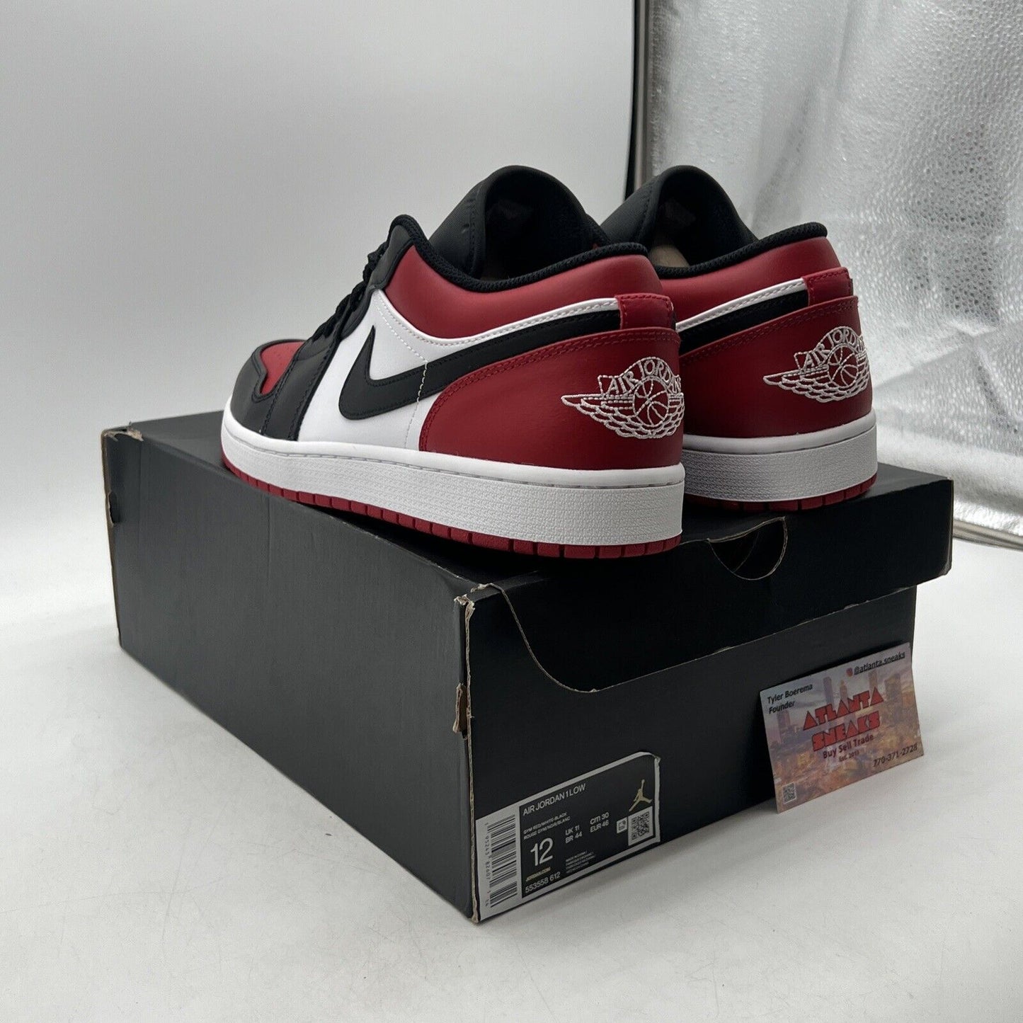 Size 12 - Jordan 1 Low Bred Toe White Black Red Leather (553558-612)