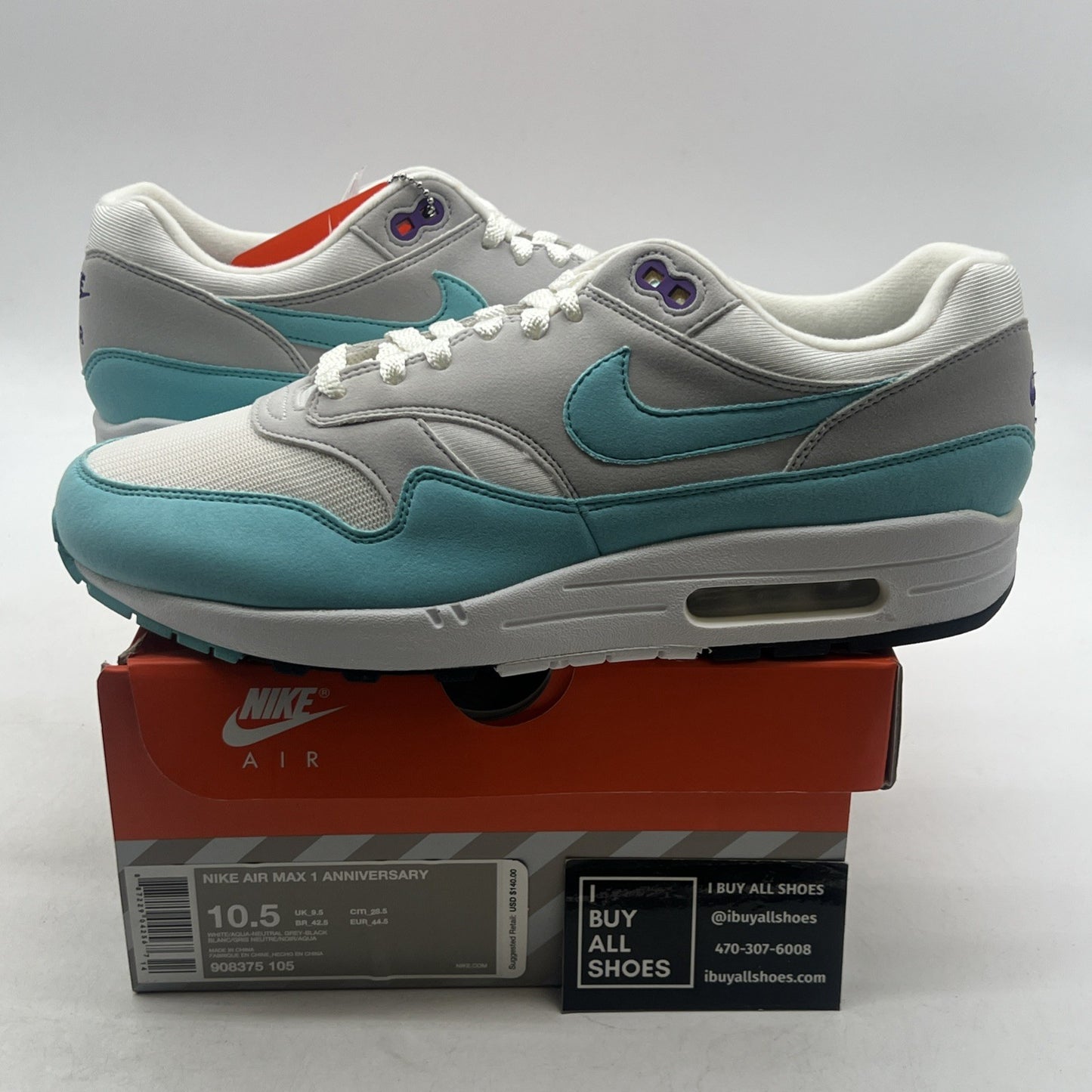 Size 10.5 - Nike Air Max 1 OG Anniversary Aqua (908375-105)