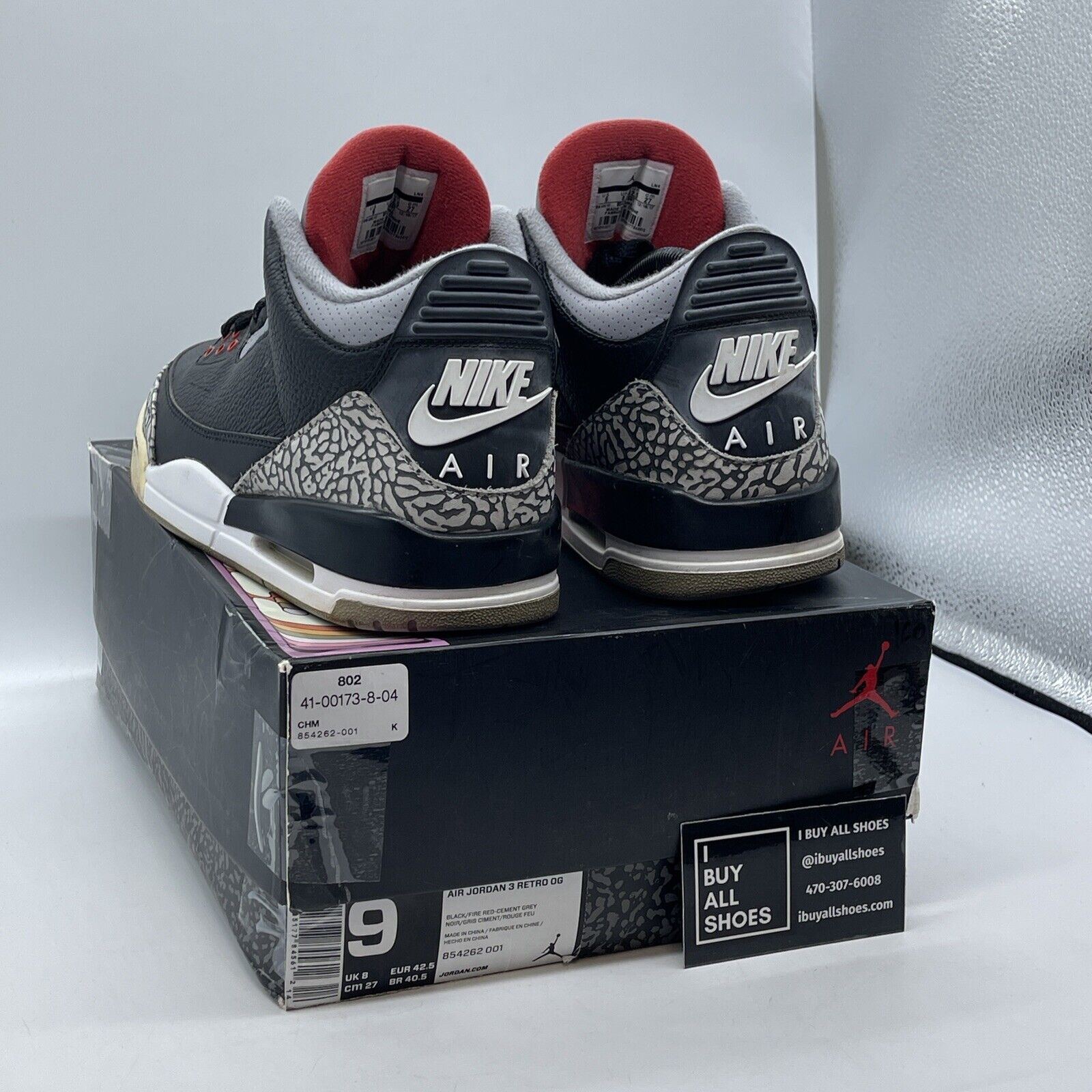 Size 9 - Jordan 3 Retro OG Mid Black Cement Grey Suede Leather (854262-001)