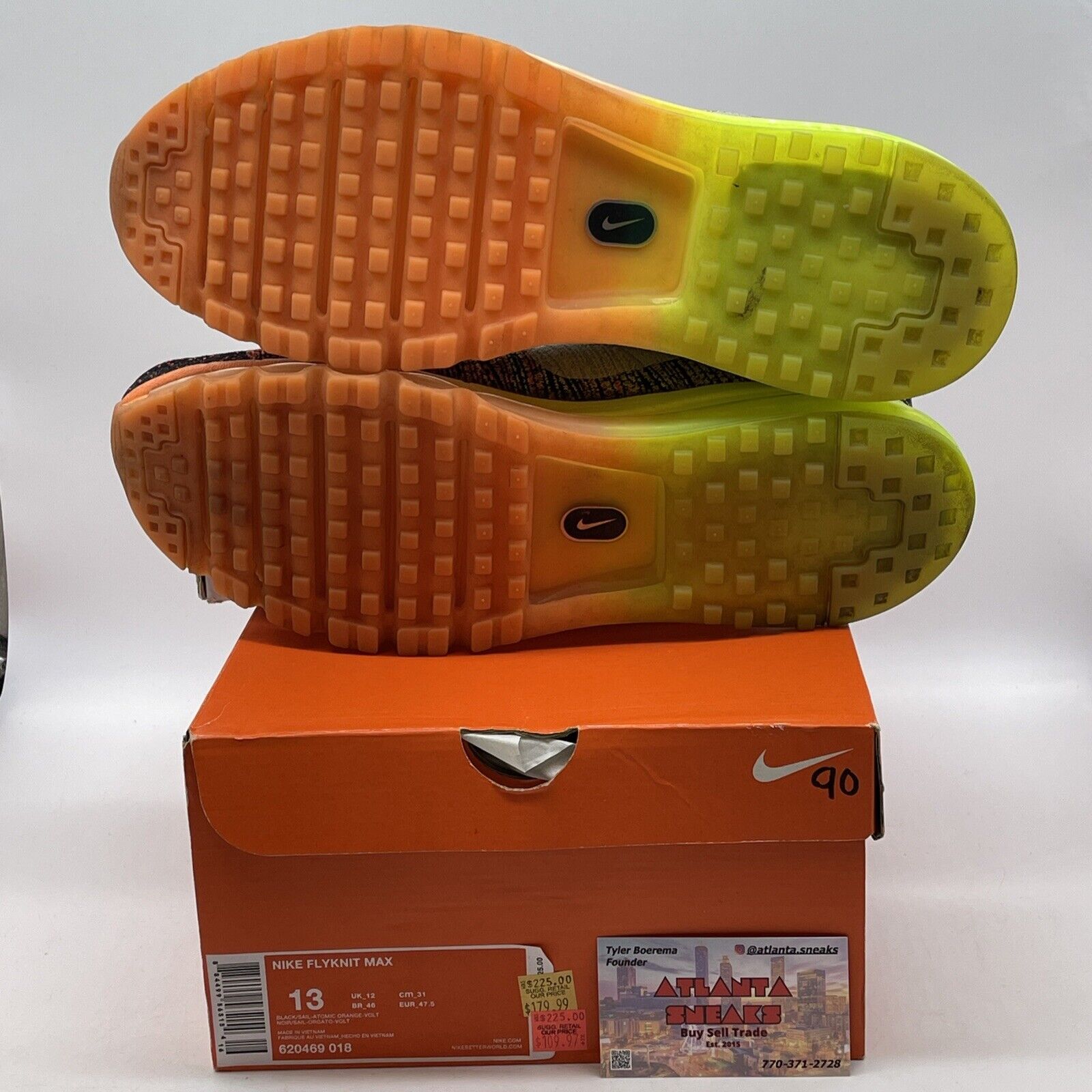 Size 13 - Nike Flyknit Max Black Orange White Neon Yellow Suede (620469-018)