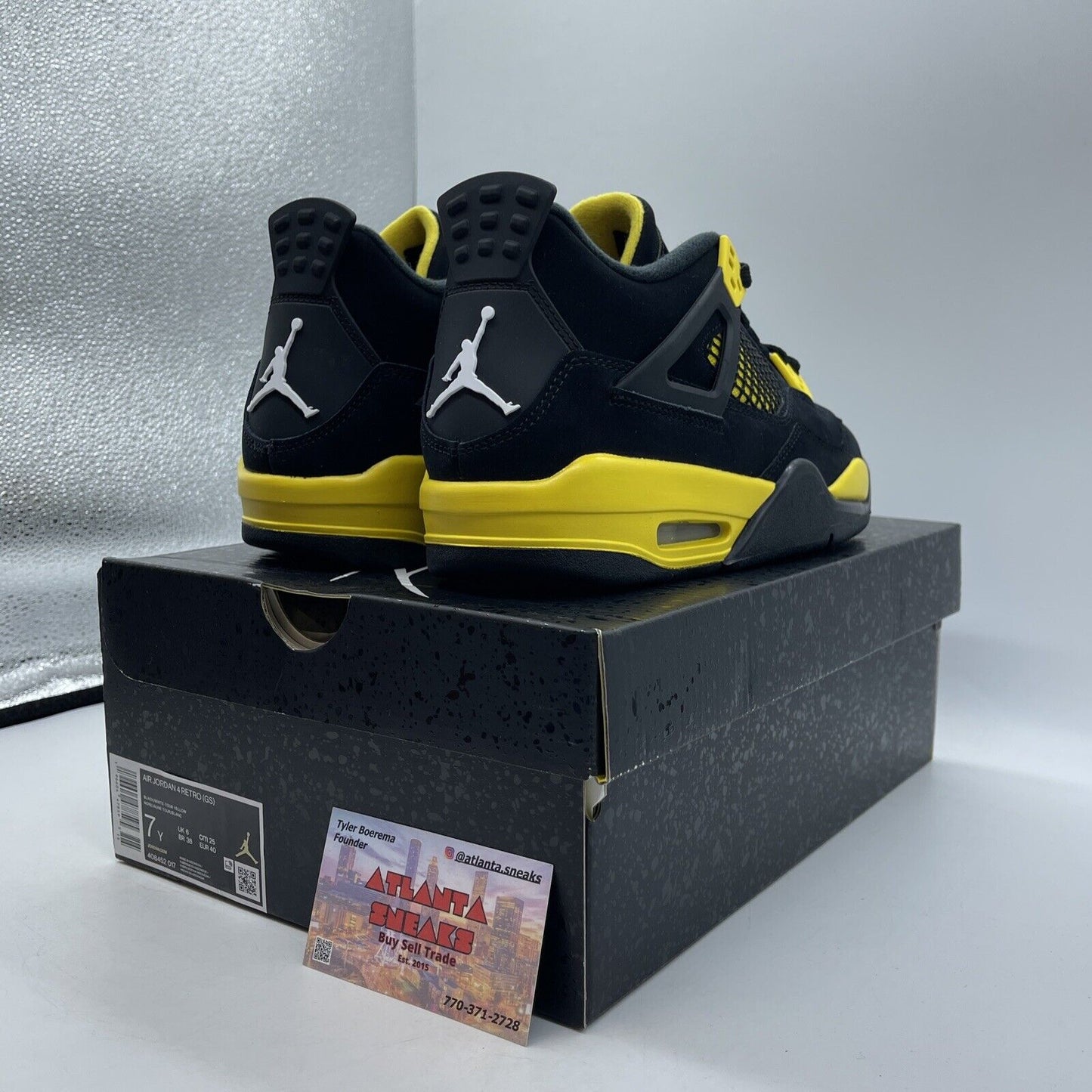 Size 7Y - Jordan 4 Retro Mid Thunder Black White Yellow Suede (408452-017)