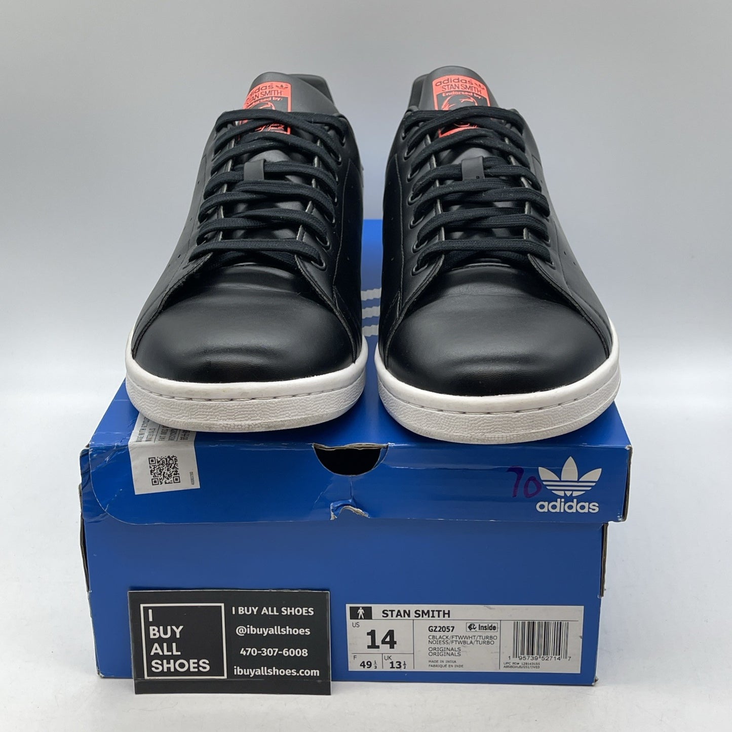 Size 14 - adidas Stan Smith Black Turbo Black Red Leather (GZ2057)