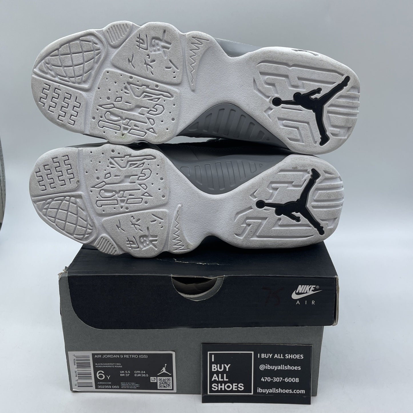 Size 6Y - Jordan 9 Retro Particle Gray 2022 Suede Red Black (302359-060)