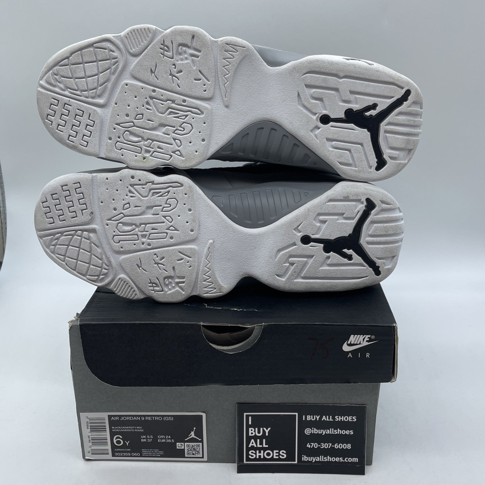 Size 6Y - Jordan 9 Retro Particle Gray 2022 Suede Red Black (302359-060)