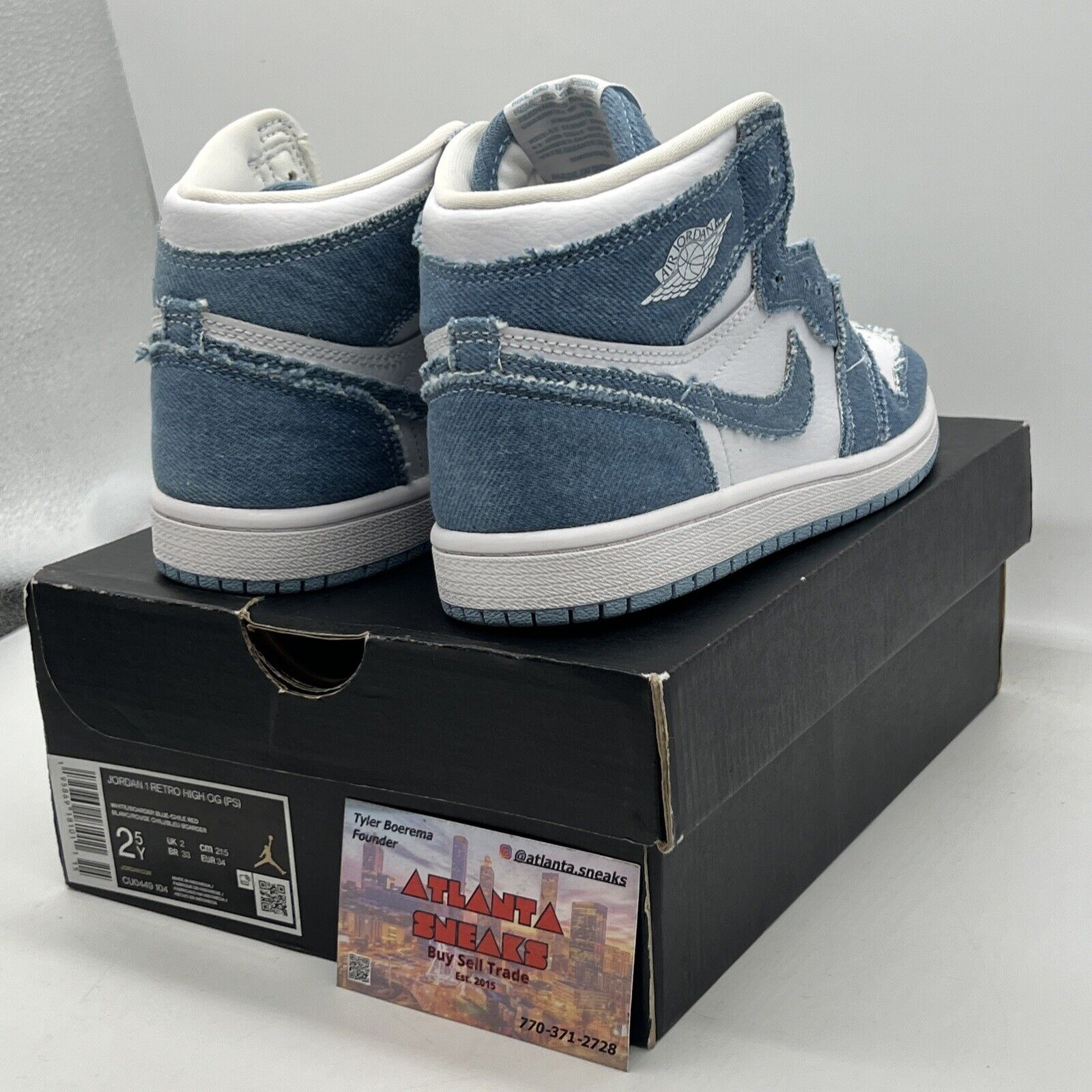 Nike Air Jordan 1 High Denim White Youth Size 2.5Y White Leather (CU0449-104)