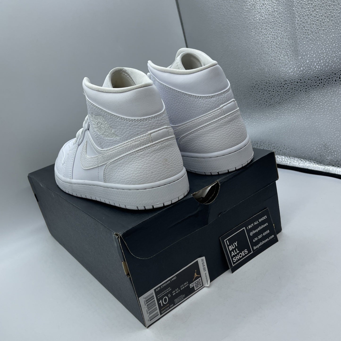 Size 10.5 - Air Jordan 1 Mid Triple White Leather (554724-130)