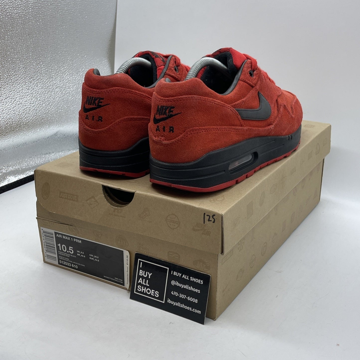 Size 10.5 - Nike Air Max 1 Prm Pimento Black Red Suede (512033-610)