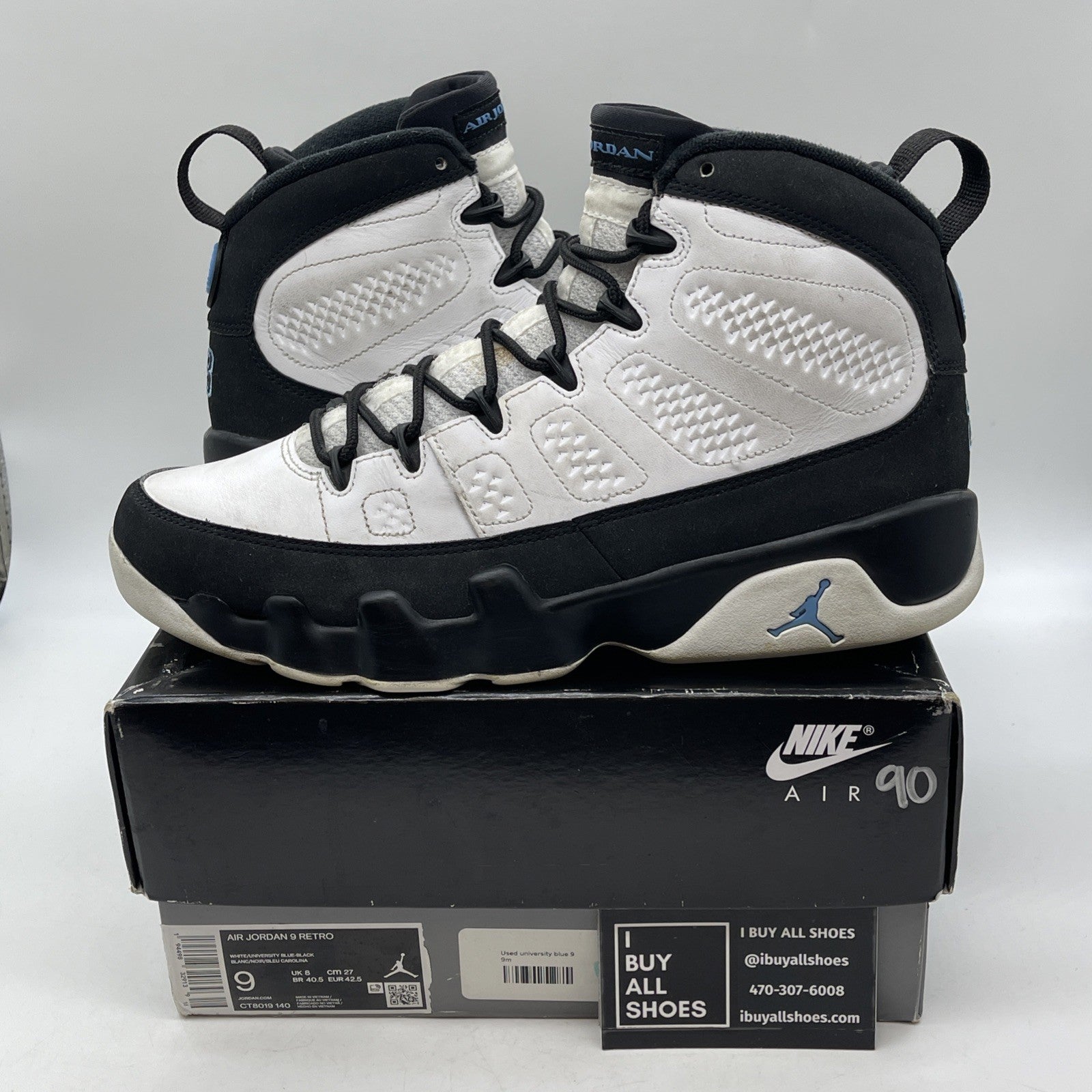 Size 9 - Jordan 9 Retro University Blue White Black Leather (CT8019-140)