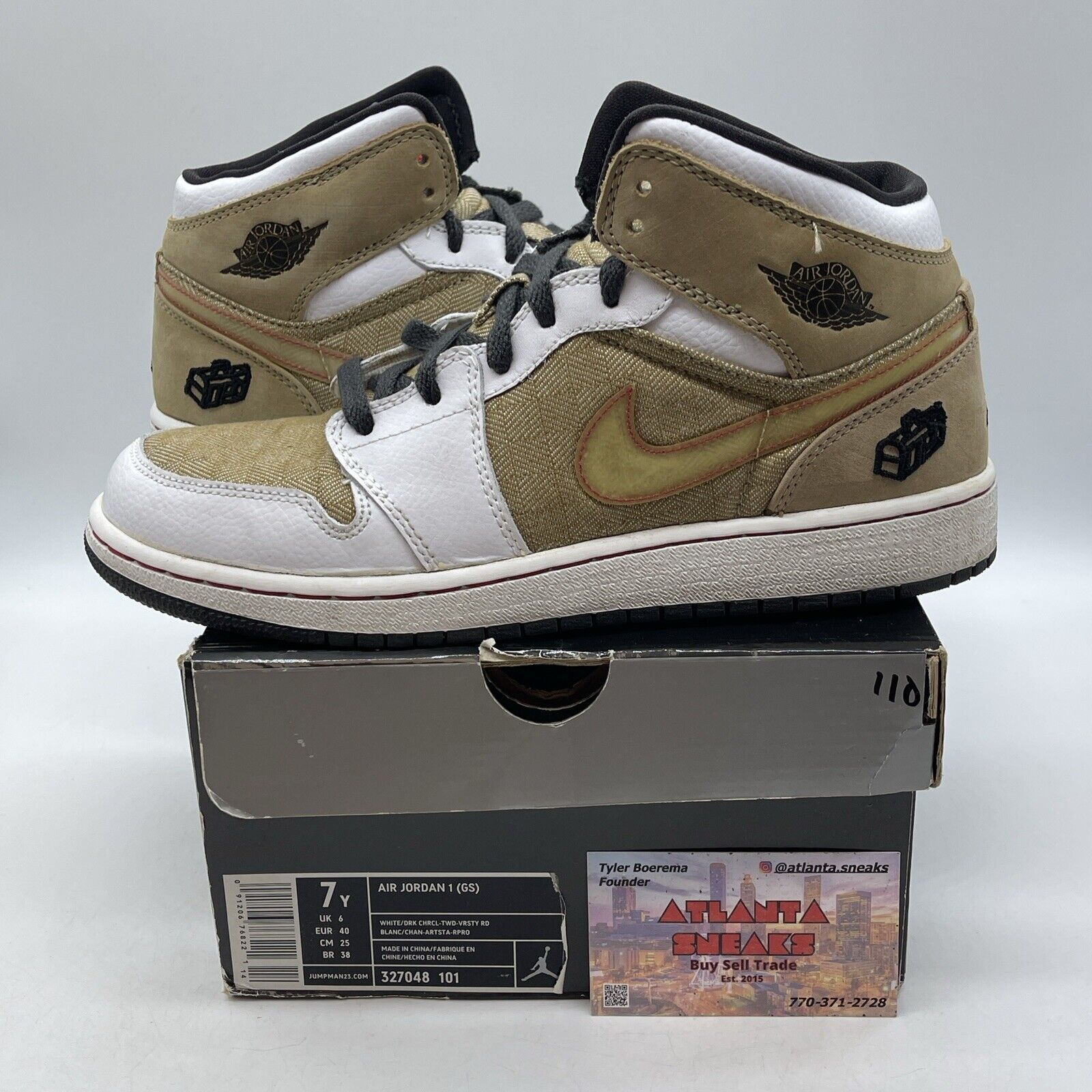 Size 7Y - Air Jordan 1 GS Tweed White Brown Black Red Suede Leather (327048-101)