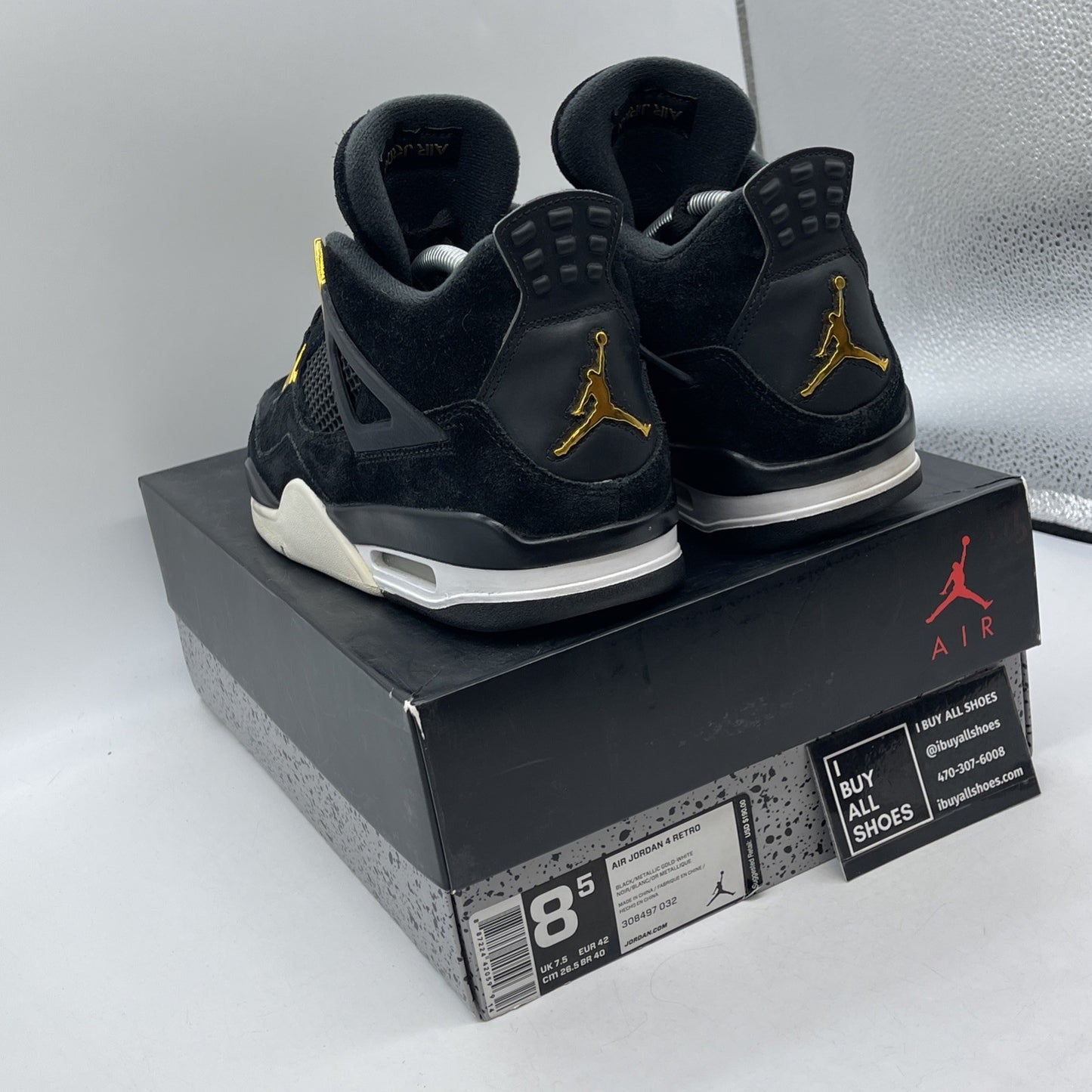 Size 8.5 - Jordan 4 Retro Royalty Black Gold Suede (308497-032)