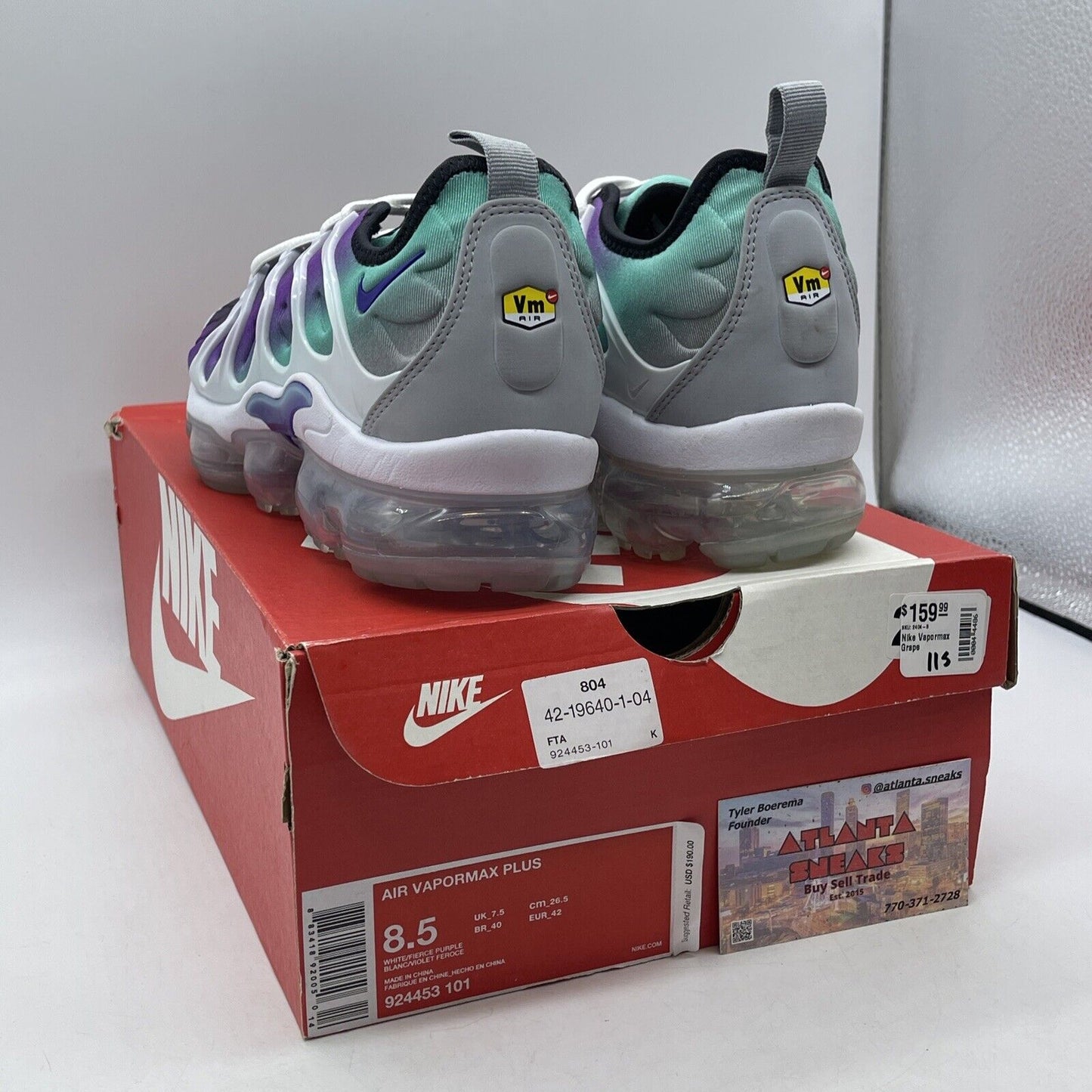 Size 8.5 - Nike Air VaporMax Plus Grape White Black Green Suede (924453-101)