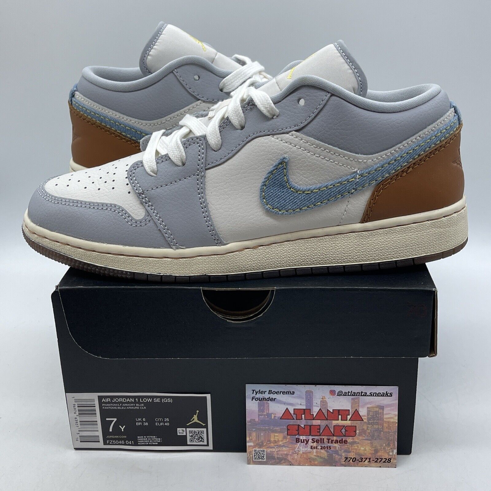 Size 7Y - Air Jordan 1 SE Low Repaired Denim Swoosh Suede Leather (FZ5046-041)