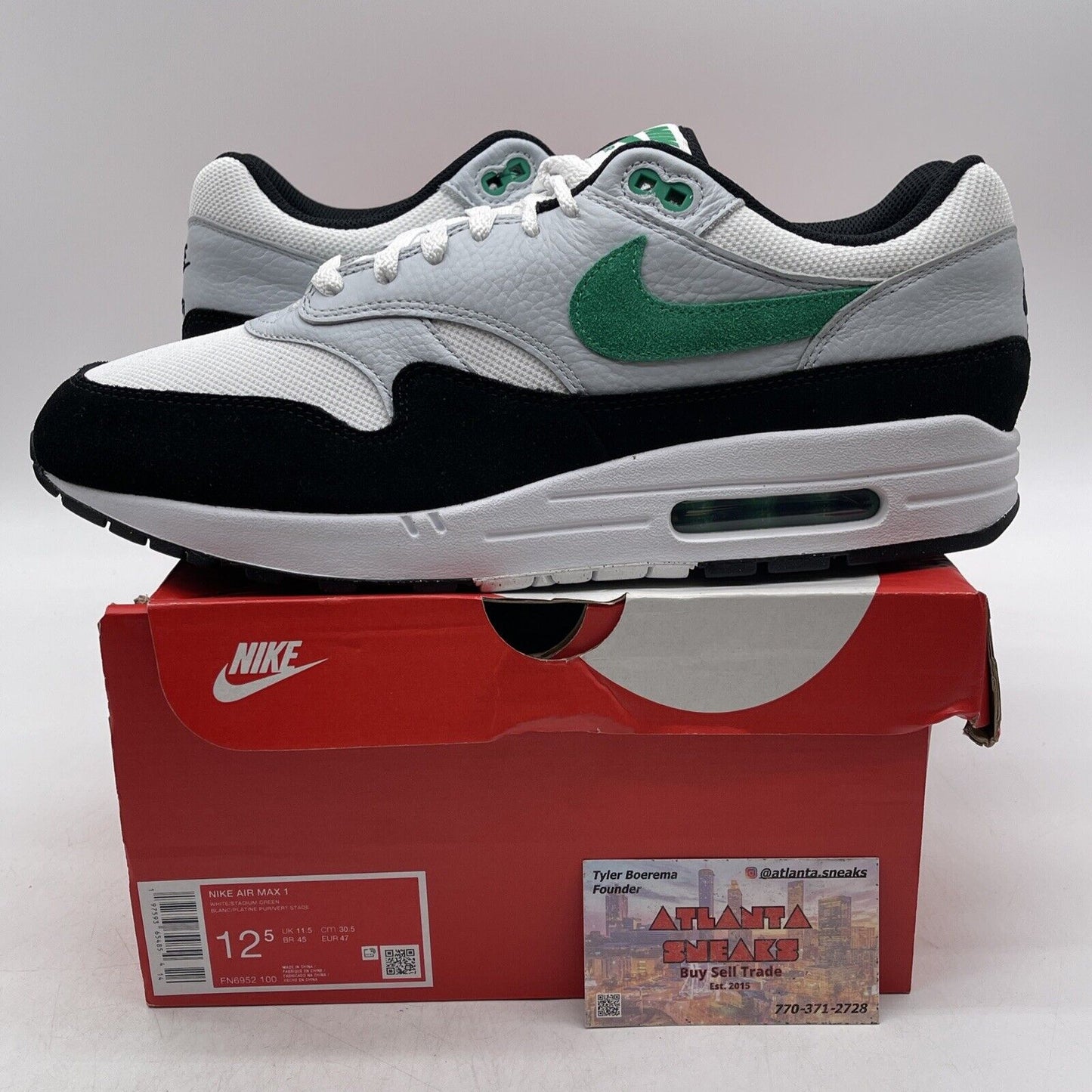 Size 12.5 - Nike Air Max 1 Low Stadium Green White Black Suede (FN6952-100)