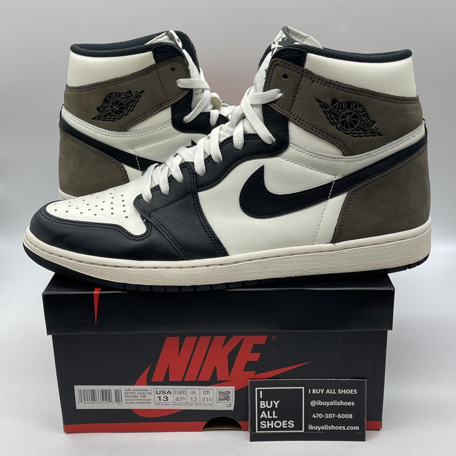 Size 13 - Jordan 1 Retro OG High Dark Mocha Brown Black Leather (555088-105)