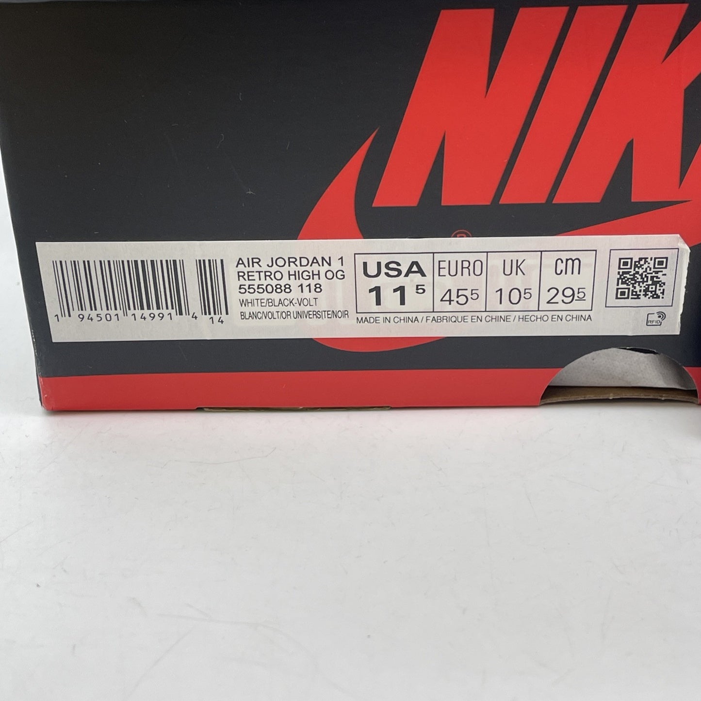 Size 11.5 - Jordan 1 Retro High OG Volt Black White Leather (555088-118)