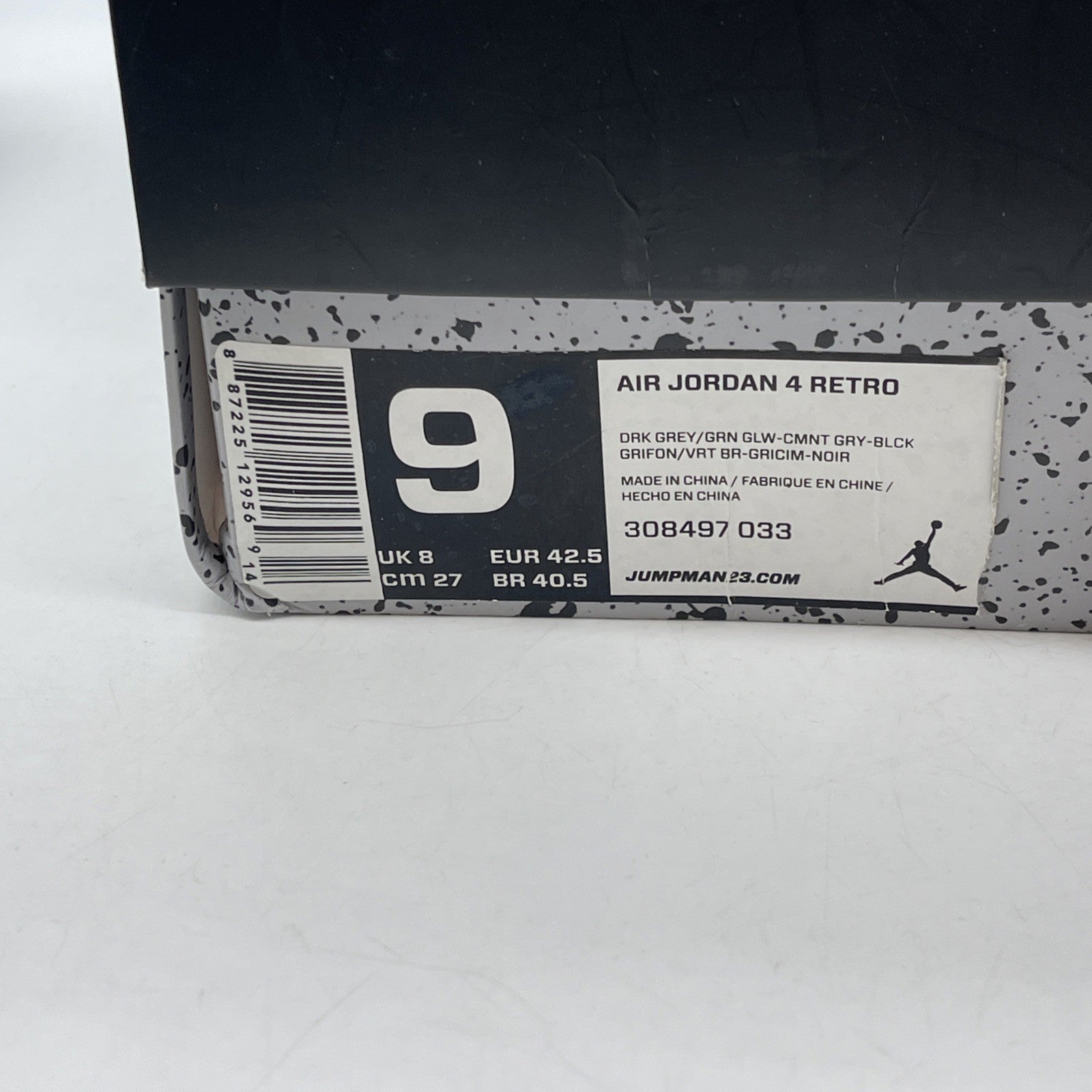 Size 9 - Jordan 4 Retro Green Glow Grey White Black Suede (308497-033)