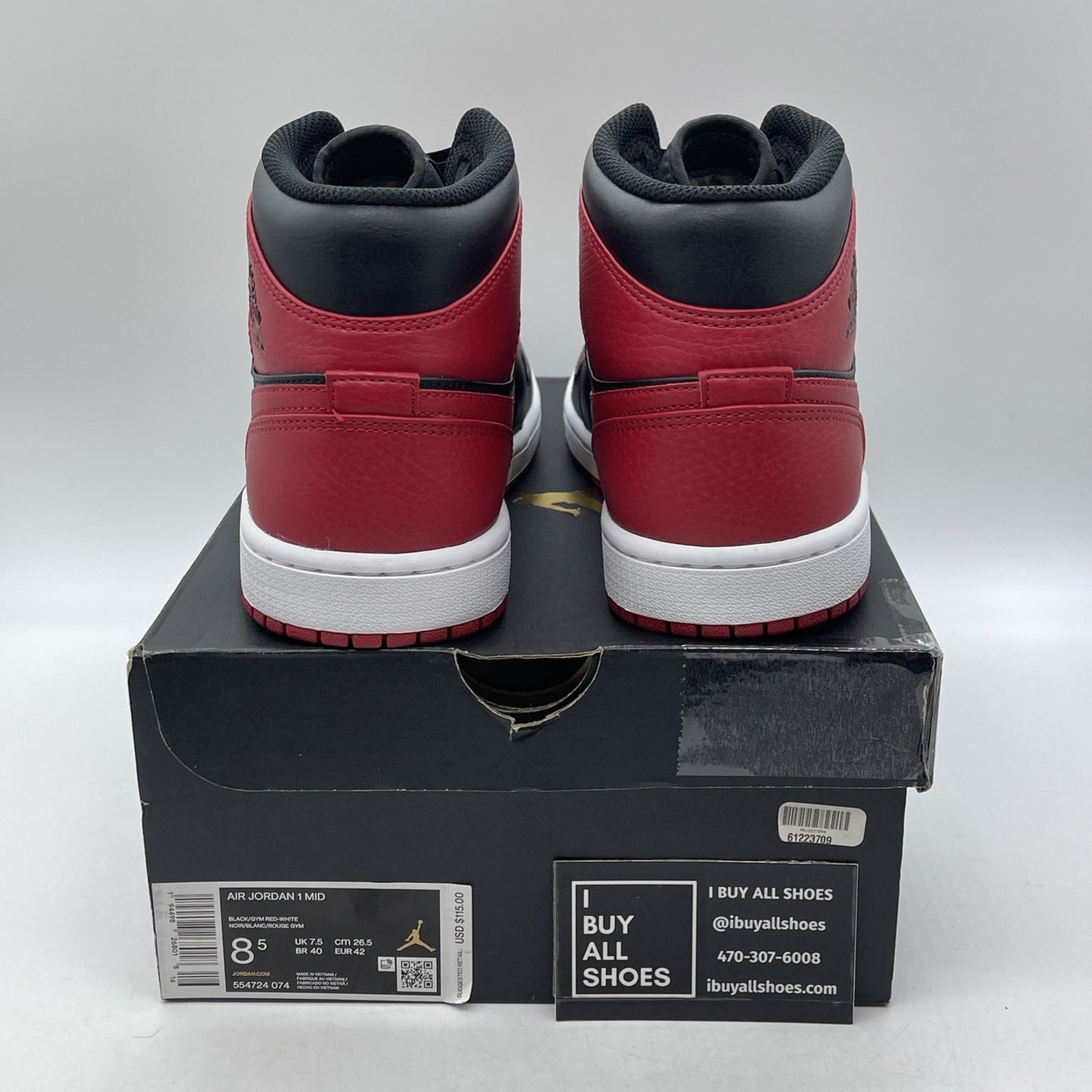 Size 8.5 - Jordan 1 Mid Banned Red Black Leather (554724-074)