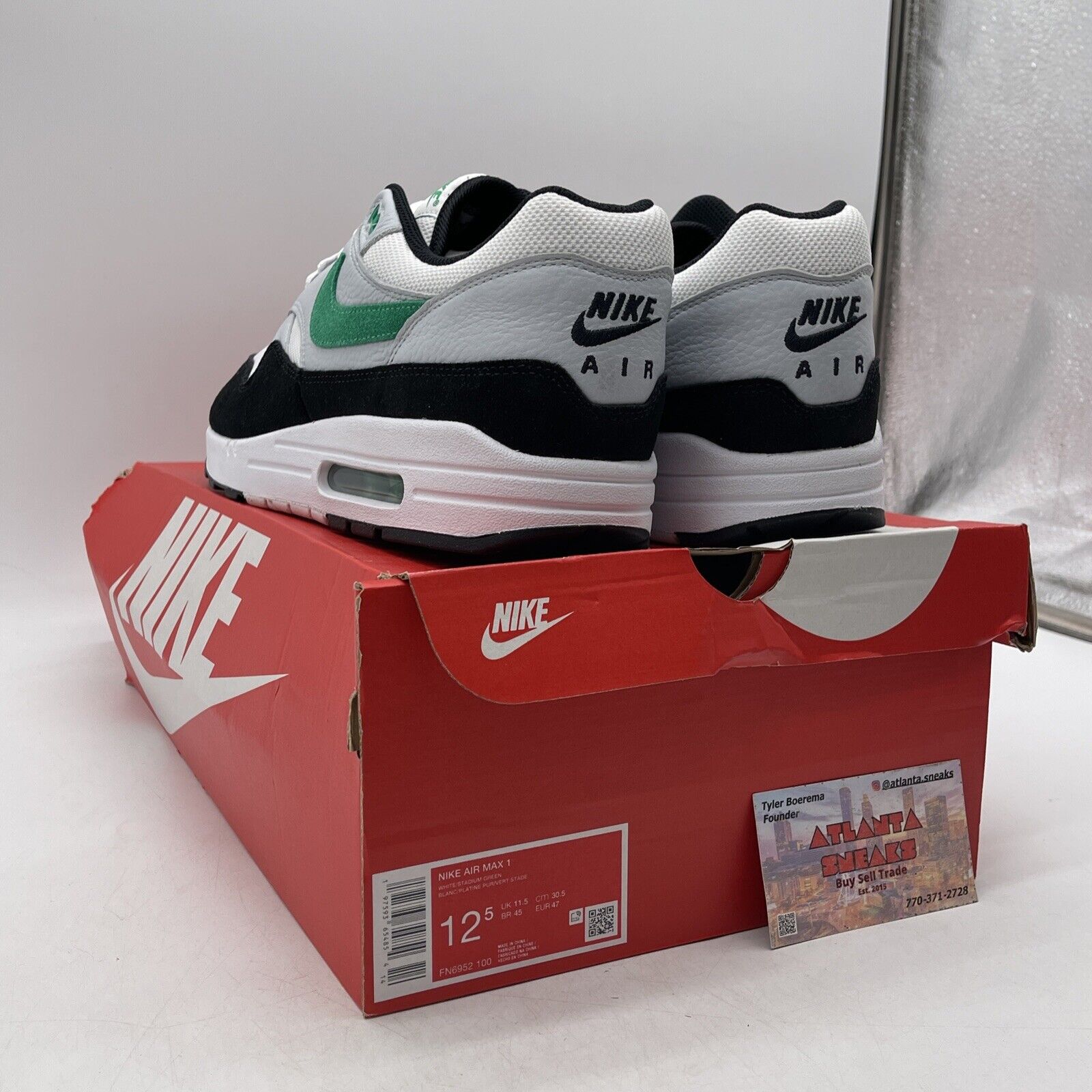 Size 12.5 - Nike Air Max 1 Low Stadium Green White Black Suede (FN6952-100)