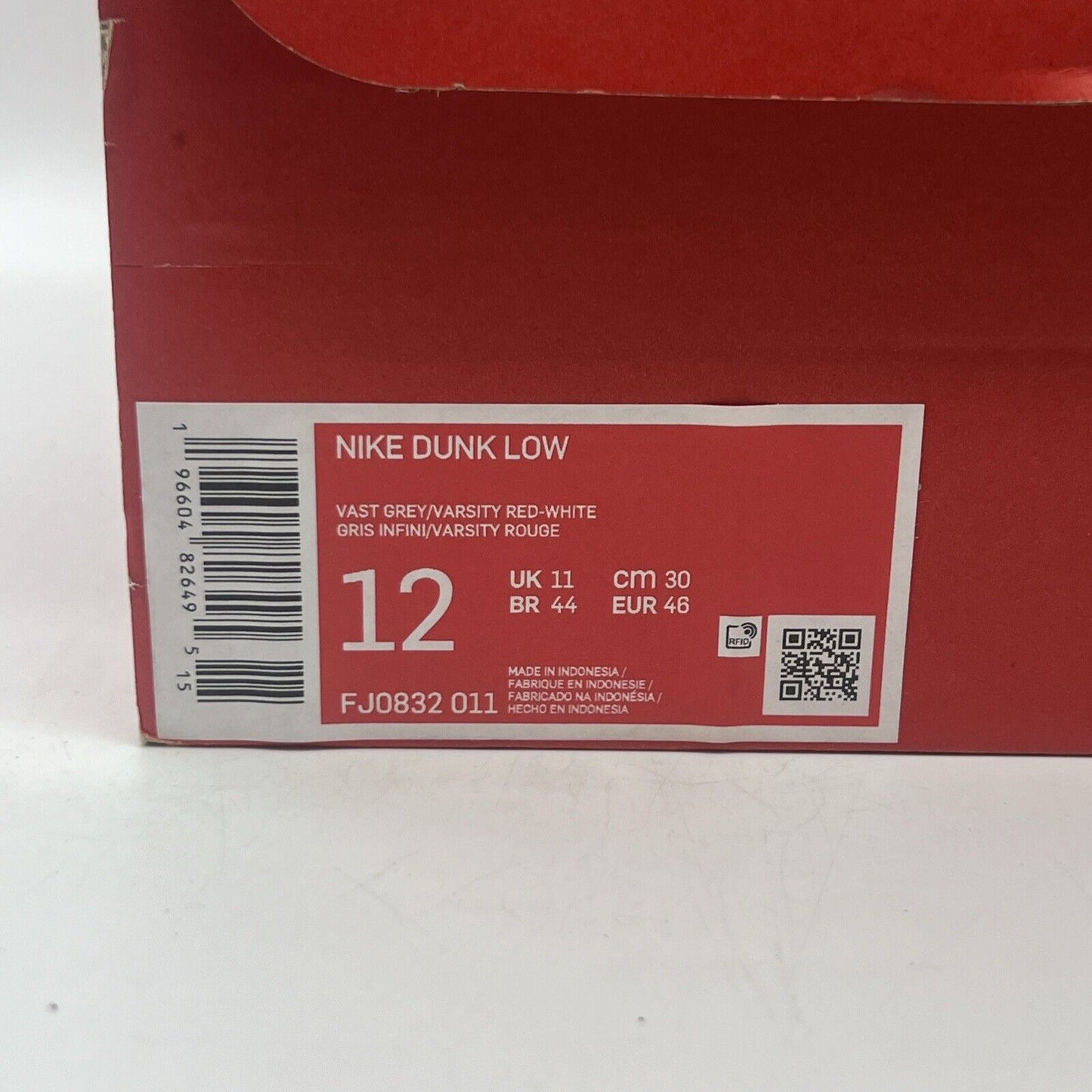 Size 12 - Nike Dunk Low Vast Grey Varsity Red Brand New Og All