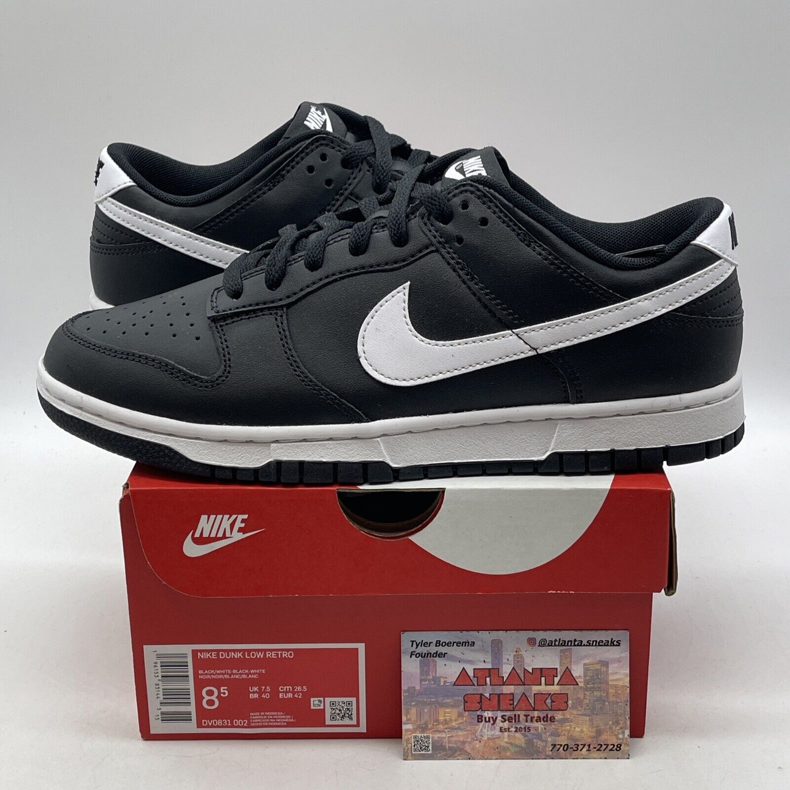 Size 8.5 - Nike Dunk Low Black Panda 2.0 White Leather (DV0831-002)