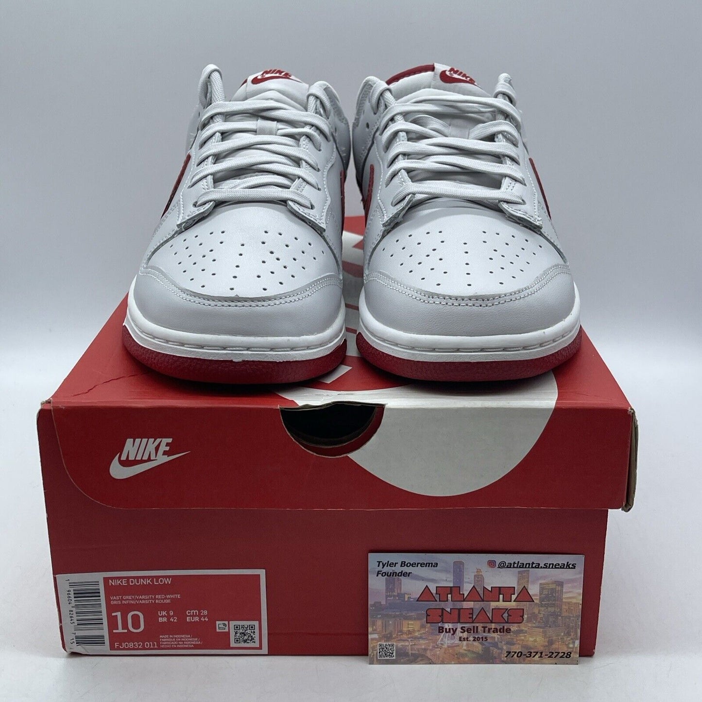 Size 10 - Dunk Low Vast Grey Varsity Red White Leather (FJ0832-011)