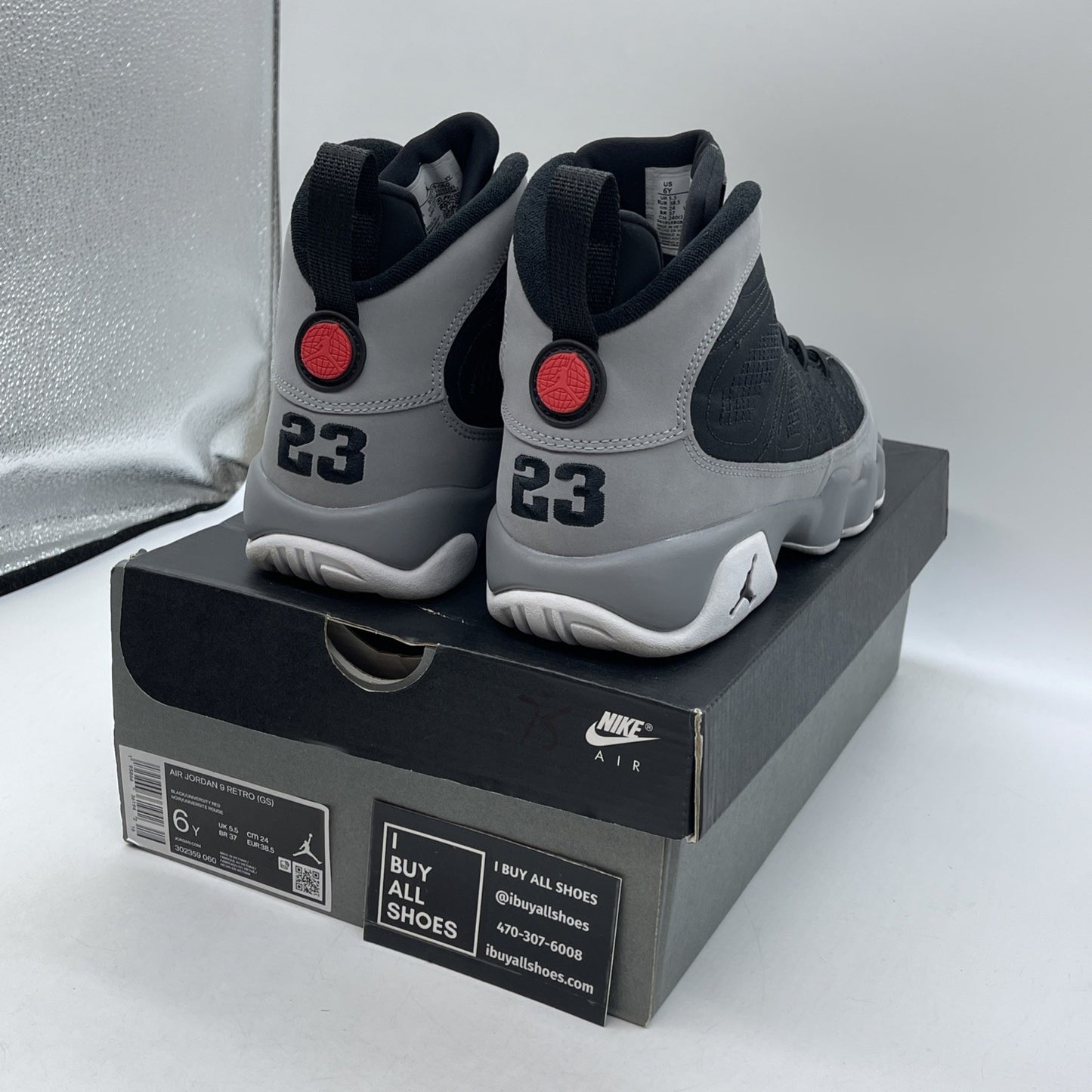 Size 6Y - Jordan 9 Retro Particle Gray 2022 Suede Red Black (302359-060)