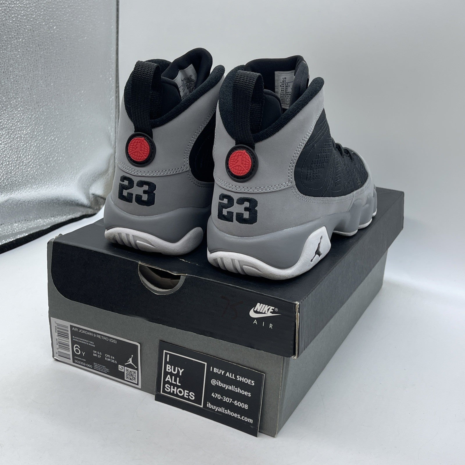 Size 6Y - Jordan 9 Retro Particle Gray 2022 Suede Red Black (302359-060)