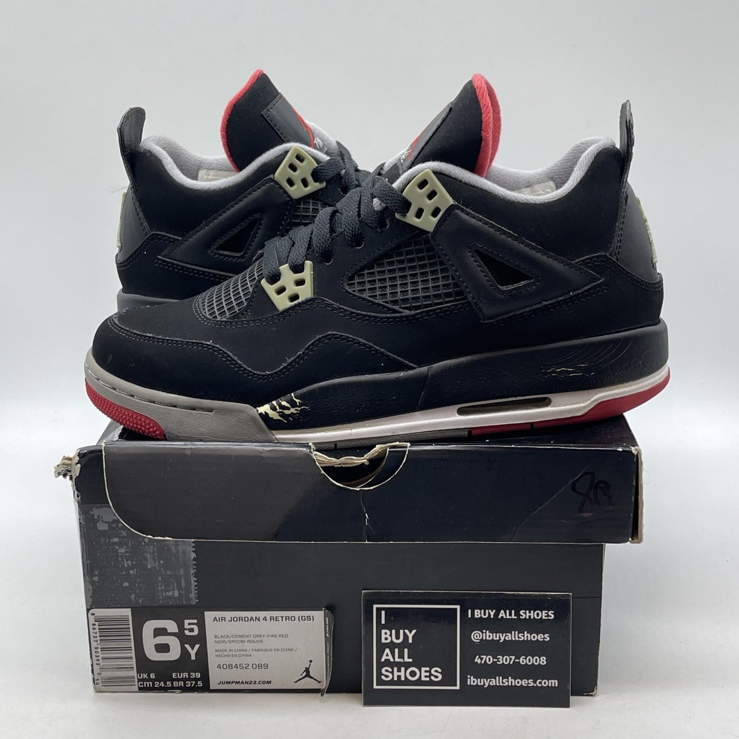 Size 6.5Y - Jordan 4 Retro bred release Black Grey Suede Leather (408452-089)