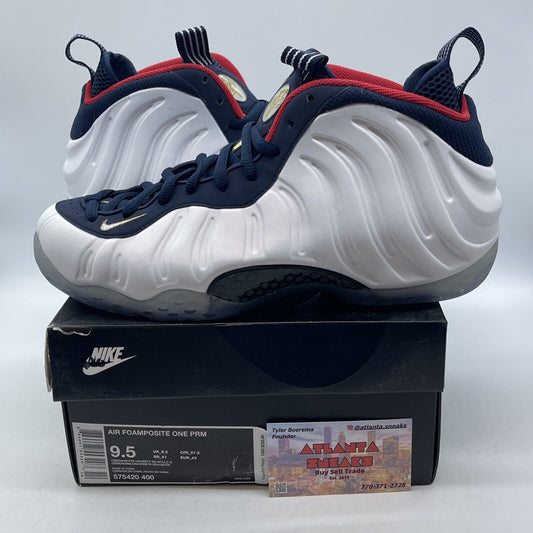 Size 9.5 - Nike Air Foamposite One PRM Olympic White Suede Leather (575420-400)