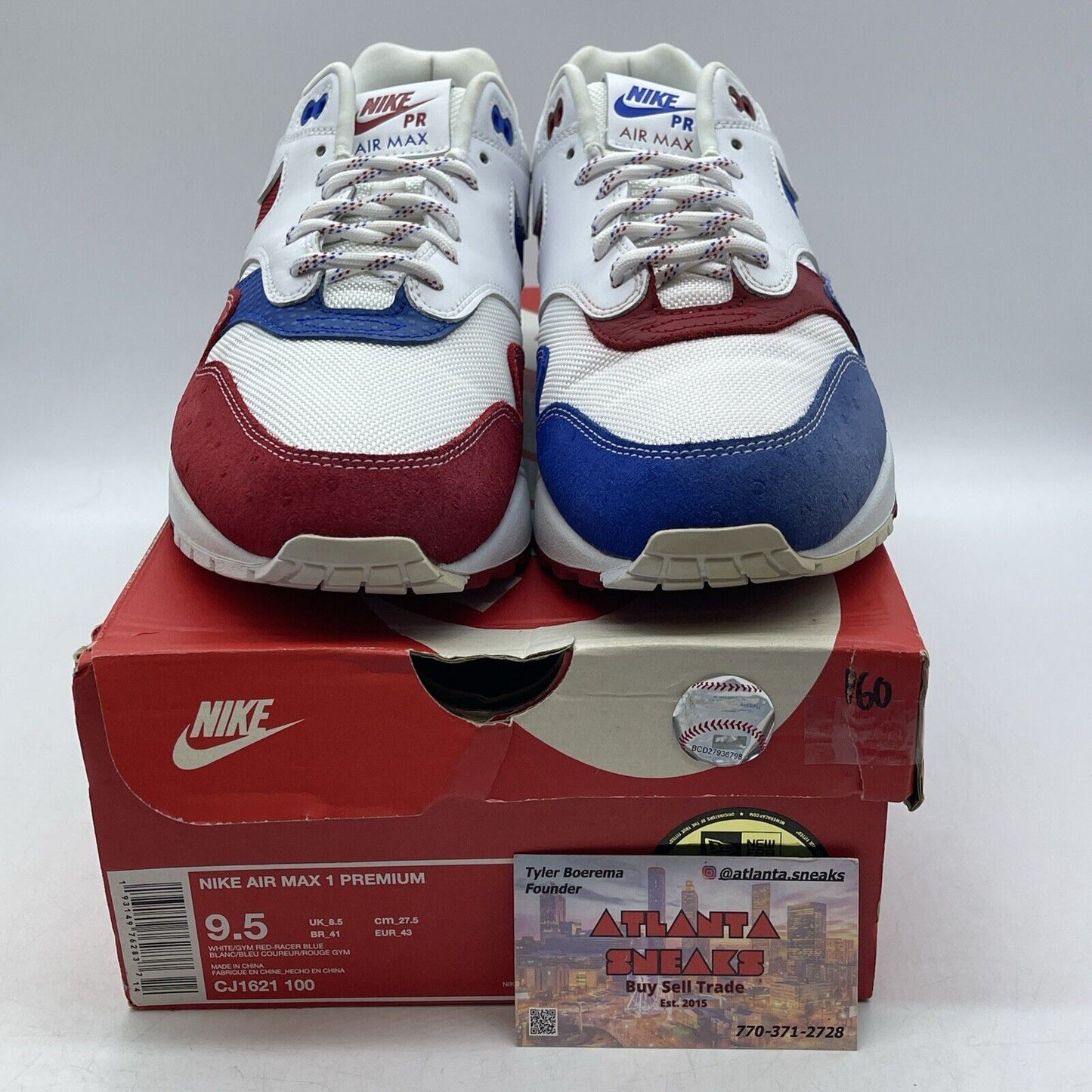 Size 9.5 - Nike Air Max 1 Premium Puerto Rico White Red Blue (CJ1621-100)