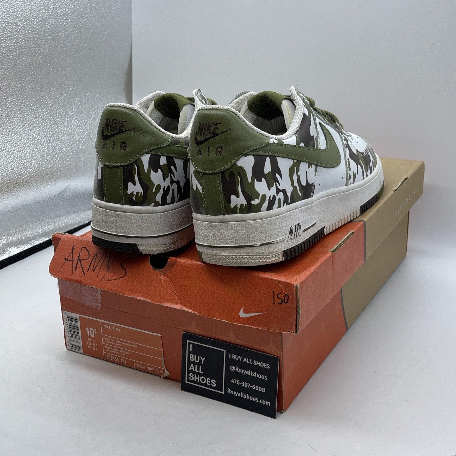 Size 10.5 - Nike Air Force 1 Camo White Green Leather (306353-131)