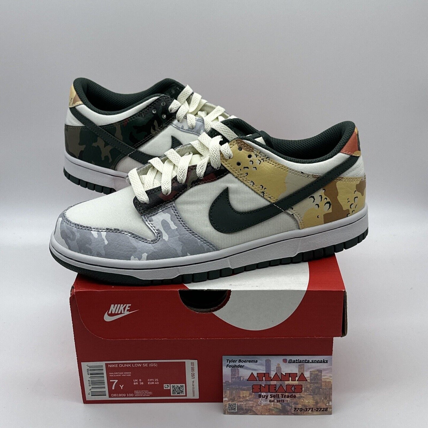 Size 7Y - Nike Dunk Low GS SE Multi-Camo Sail Green DB1909-100 100% Authentic