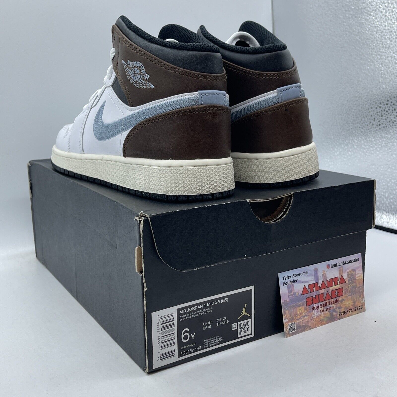 Size 6Y - AIR JORDAN 1 MID SE_WHITE BLUE GREY BLACK Brown Leather  (FQ8162-142)