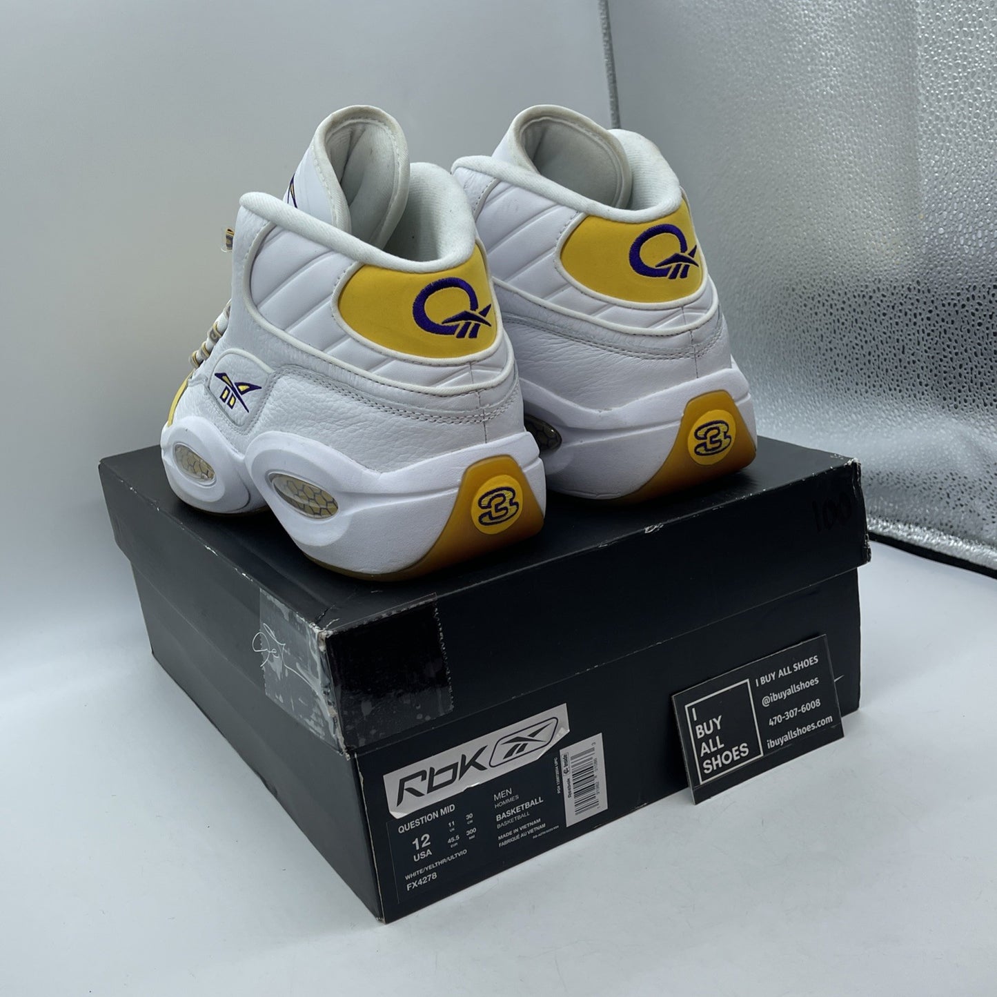 Size 12 - Reebok Question Mid Yellow Toe Purple White Suede Leather (FX4278)