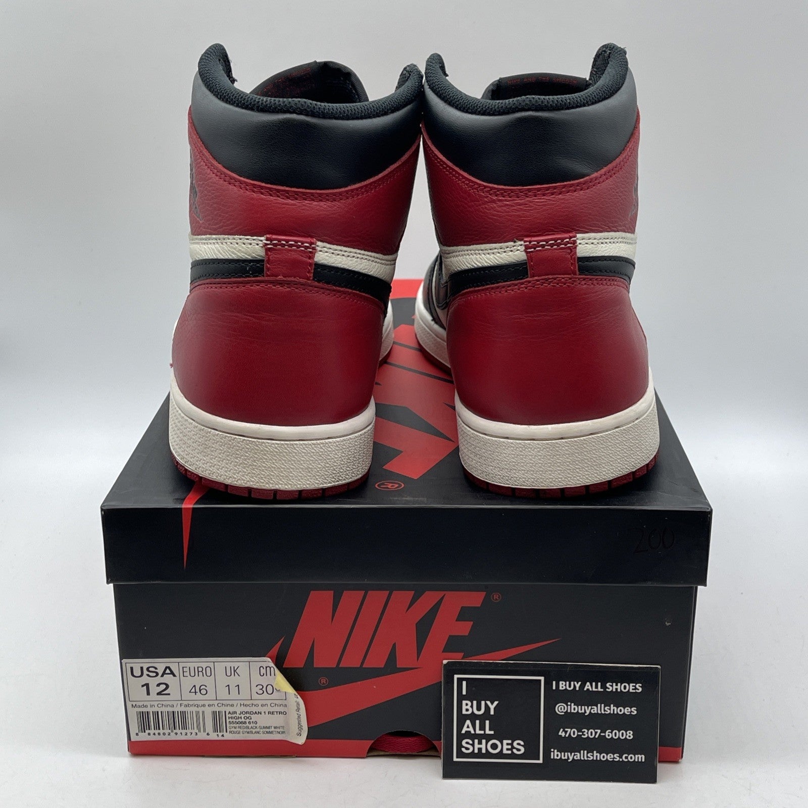 Size 12 - Jordan 1 Retro OG High Bred Toe Black Red Leather (555088-610)