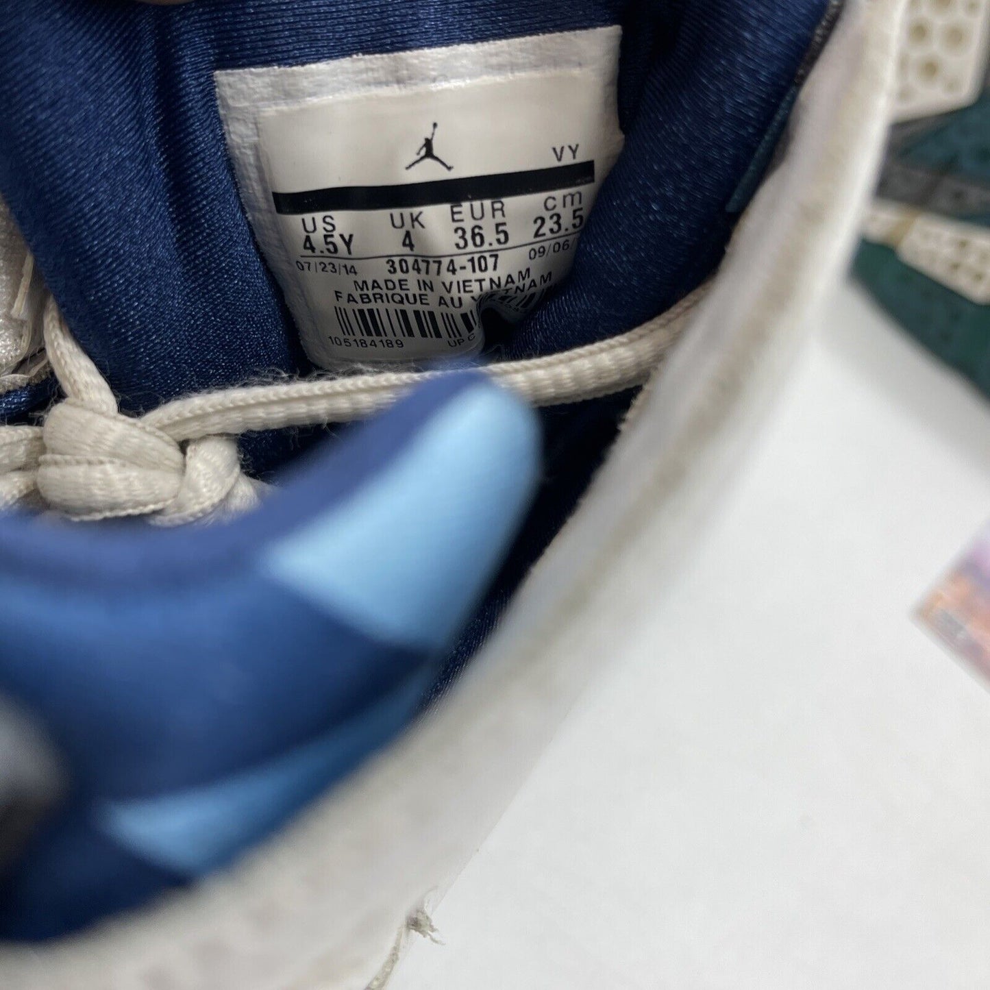 Size 4.5 (GS) - Jordan 7 Mid French Blue White Green Grey Leather (304774-107)