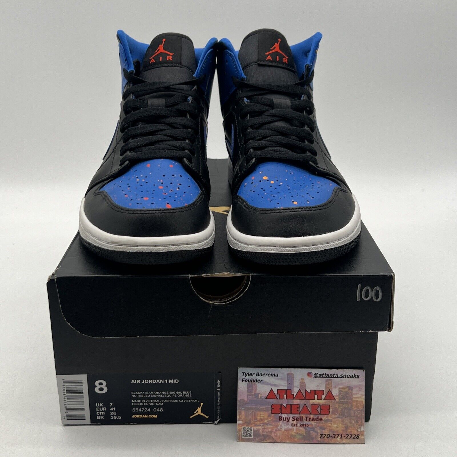 Size 8 - Air Jordan 1 Mid Royal Splatter Black Blue Leather White (554724-048)