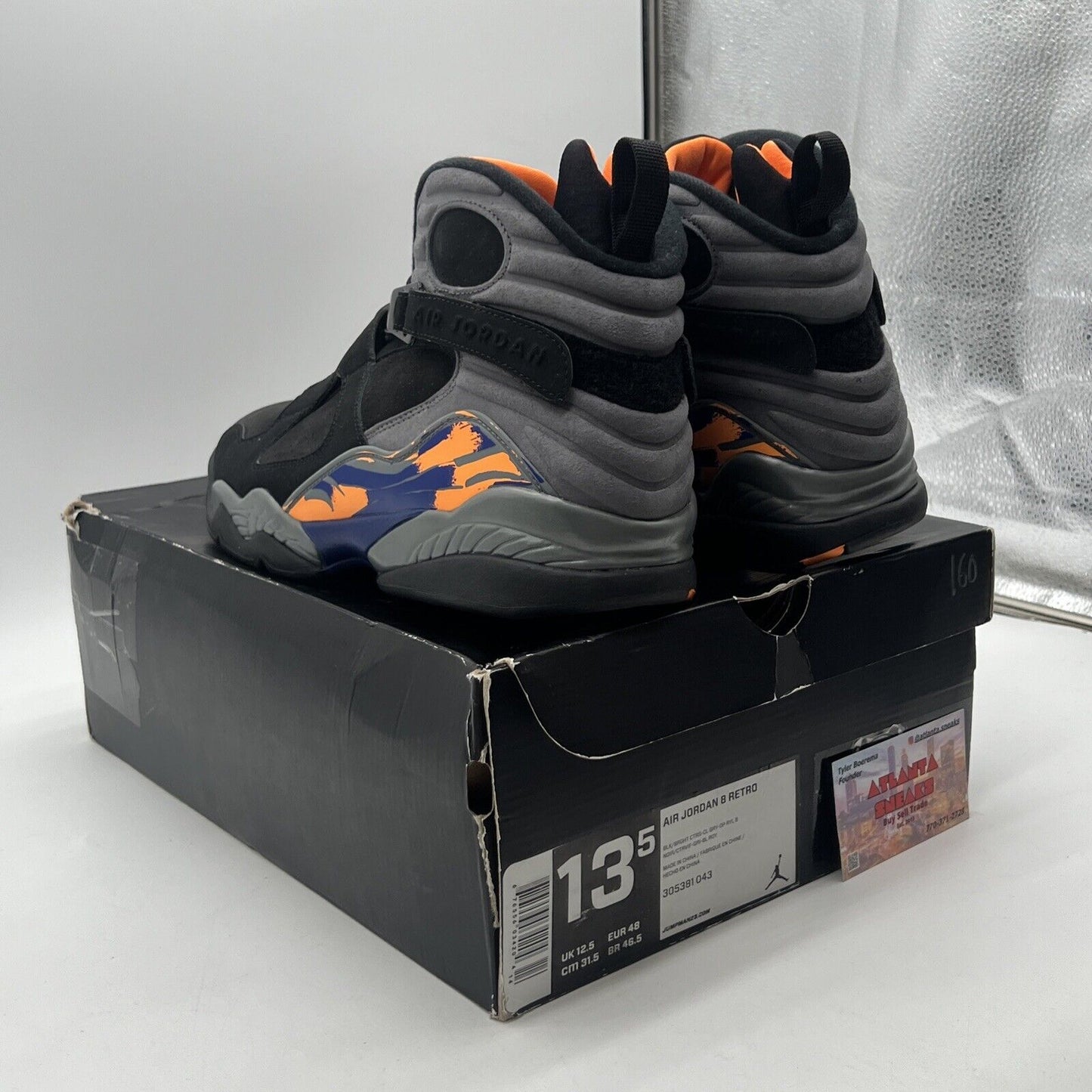 Size 13.5 - Air Jordan 8 Retro Phoenix Suns Black Grey Suede Orange (305481-043)