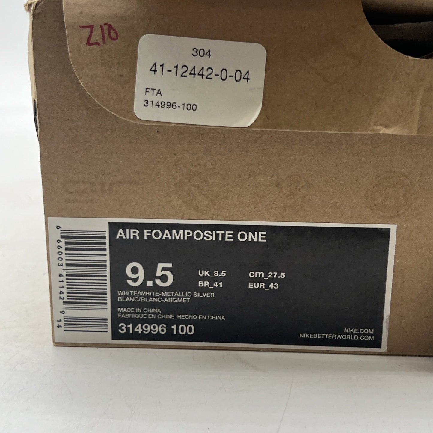 Size 9.5 - Nike Air Foamposite One White-Out (314996-100)