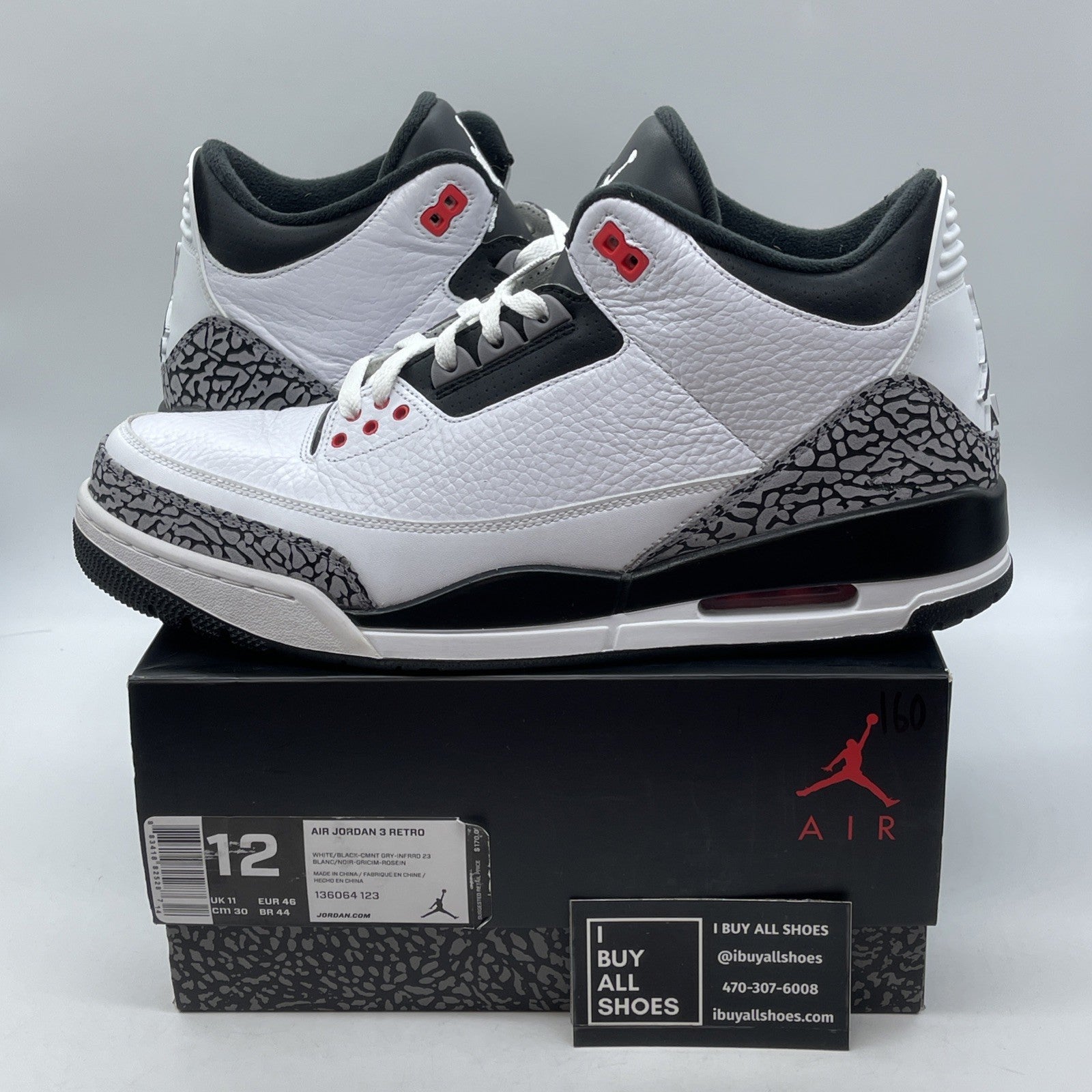 Size 12 - Air Jordan 3 Retro Infrared 23 White Black Grey Suede (136064-123)