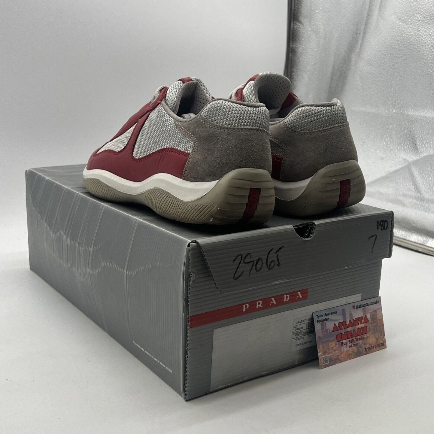Size 7 -Prada America's Cup Low Top Red Leather W/Silver Mesh (E10037117)