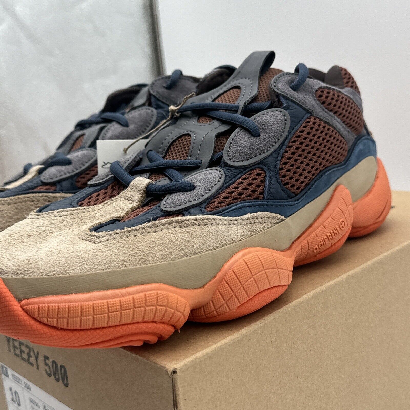 Size 10 - adidas Yeezy 500 Enflame Orange Sole Brown Sides Blue Mesh Navy Leathr