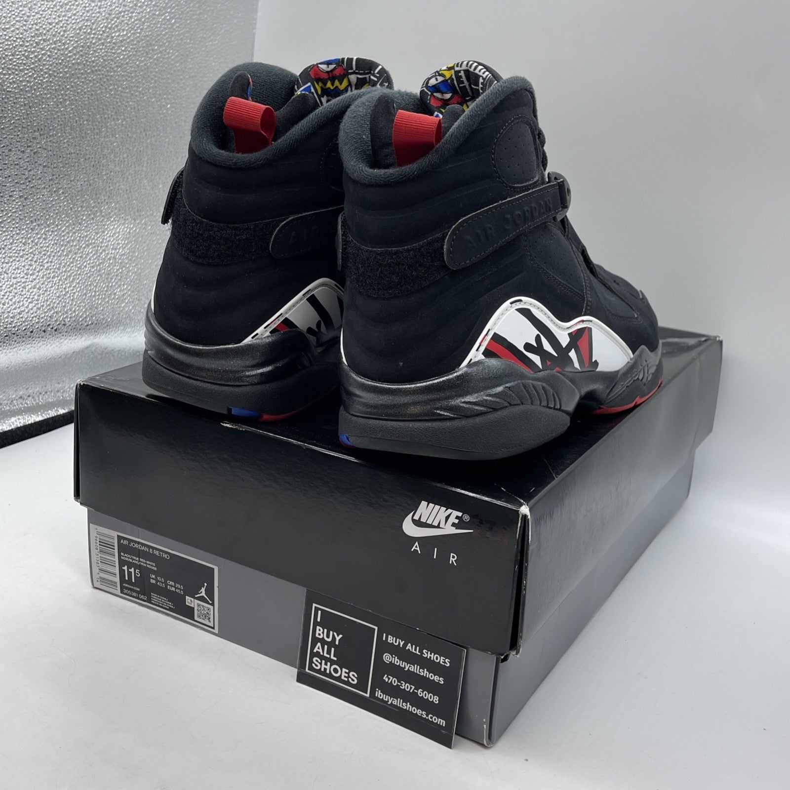 Size 11.5 - Jordan 8 Retro Mid Playoff Black White Red Suede (305381-062)
